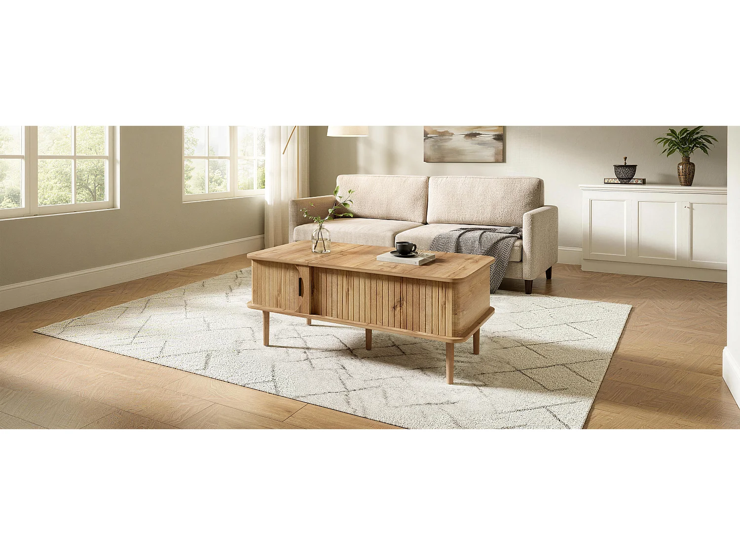 Lift-top coffee table with 1 grooved sliding door - MDF and solid wood - 100 x 48 x 55.5 cm - Natural wood