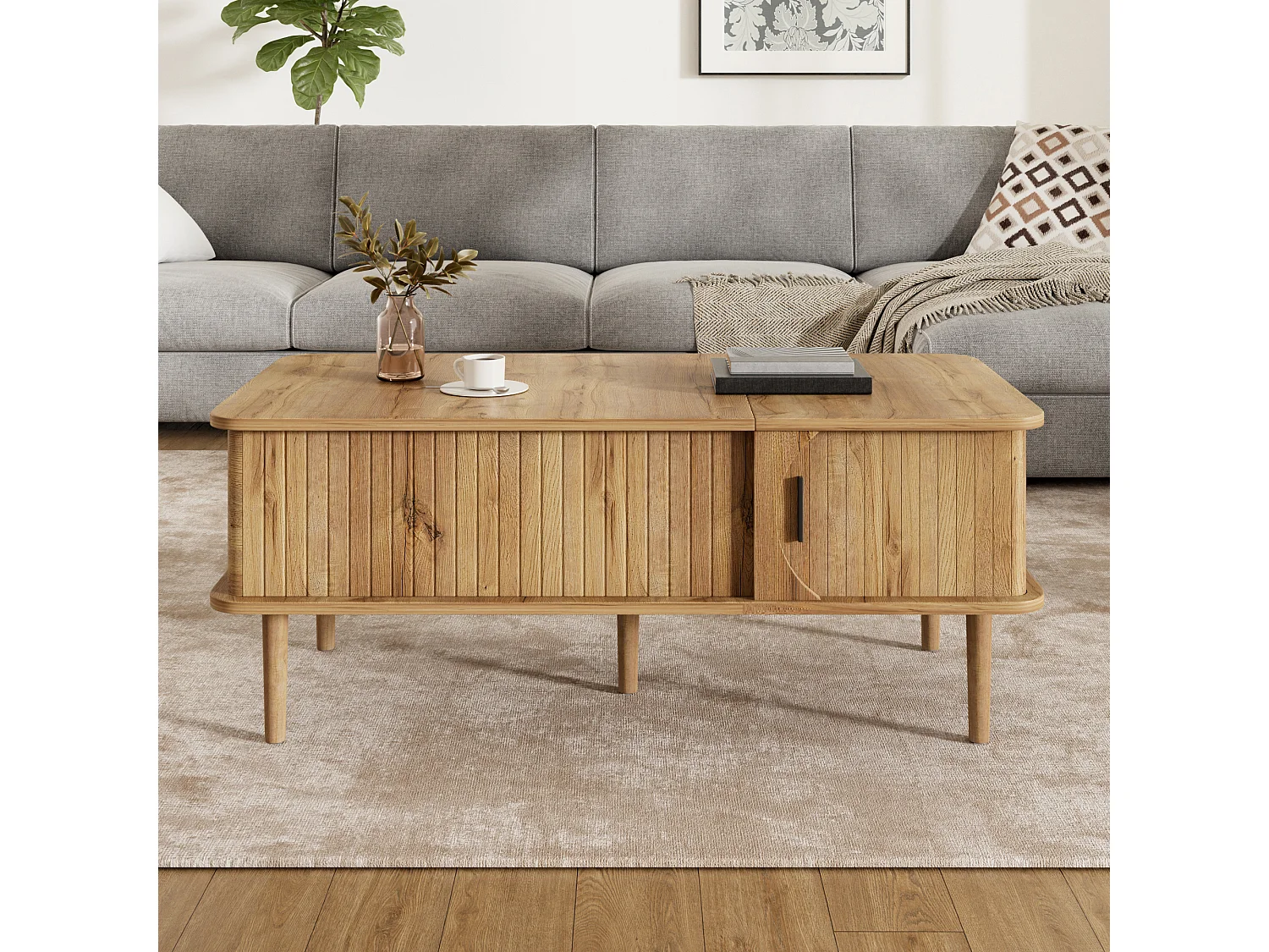 Lift-top coffee table with 1 grooved sliding door - MDF and solid wood - 100 x 48 x 55.5 cm - Natural wood