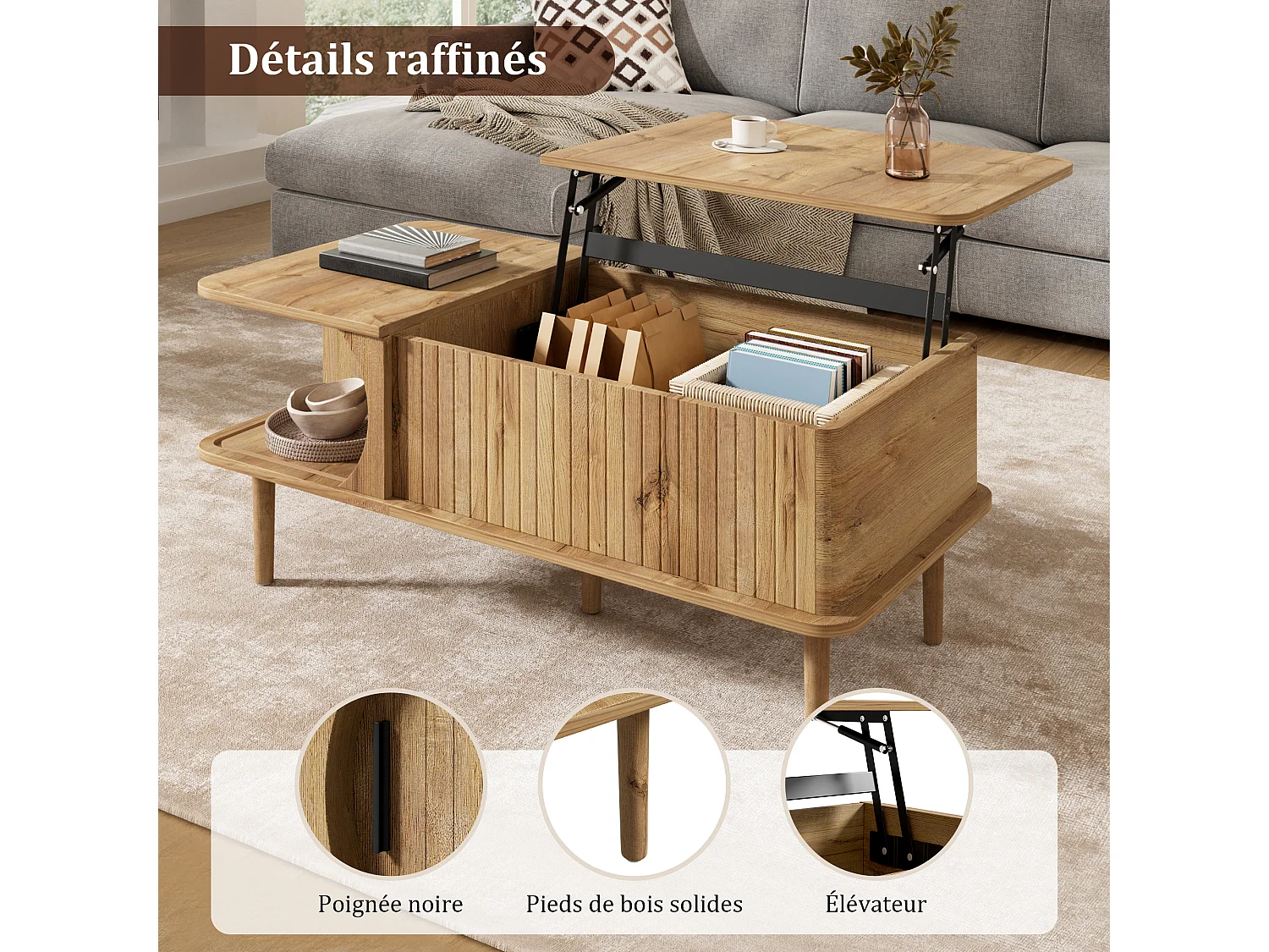 Lift-top coffee table with 1 grooved sliding door - MDF and solid wood - 100 x 48 x 55.5 cm - Natural wood