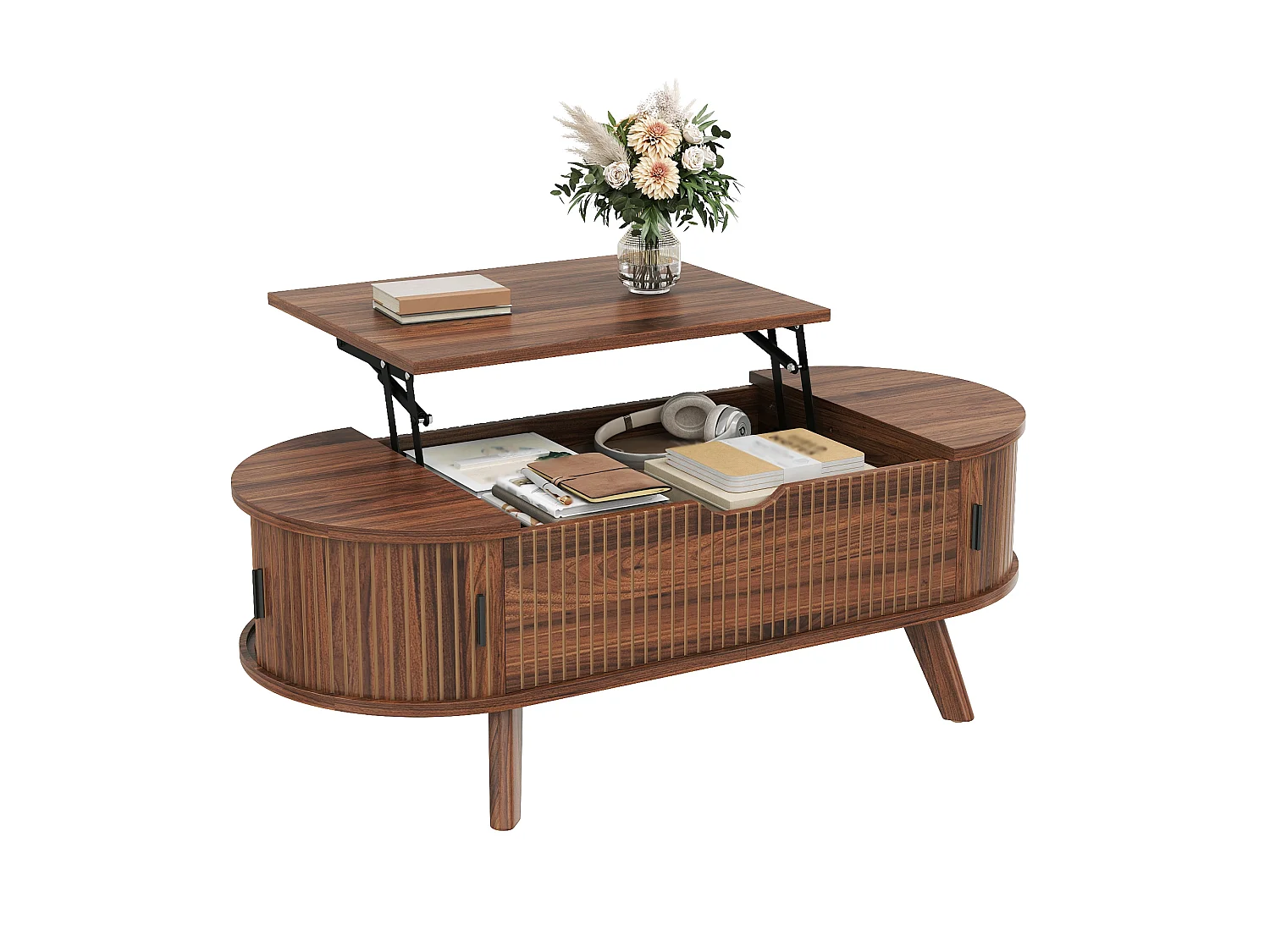 Table basse ovale à plateau relevable avec 2 portes coulissantes rainurées - MDF et bois d’hévéa - 110 x 50 x 53,5 cm - Noyer