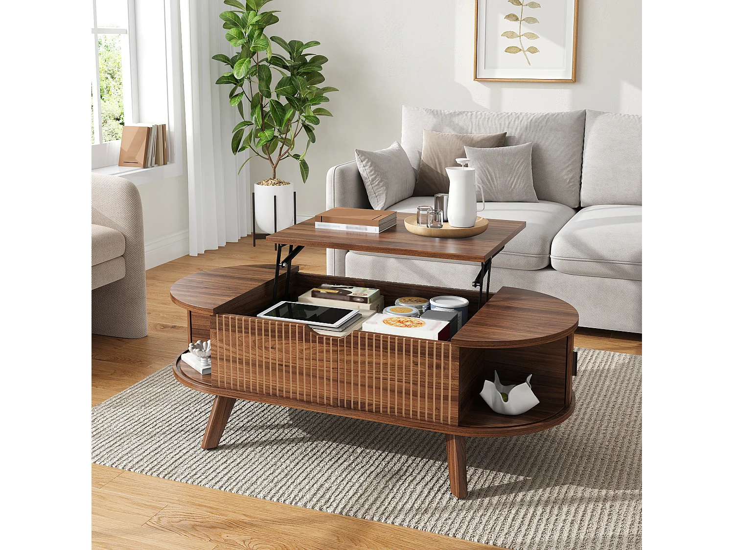 Table basse ovale à plateau relevable avec 2 portes coulissantes rainurées - MDF et bois d’hévéa - 110 x 50 x 53,5 cm - Noyer