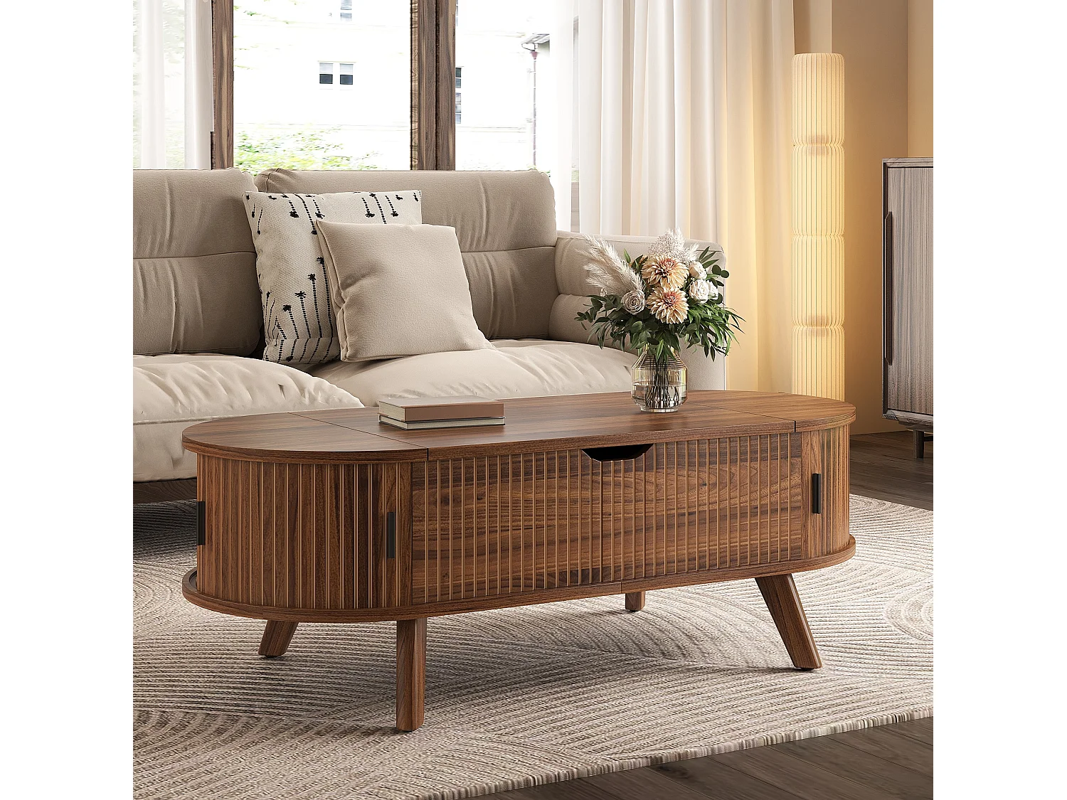 Table basse ovale à plateau relevable avec 2 portes coulissantes rainurées - MDF et bois d’hévéa - 110 x 50 x 53,5 cm - Noyer