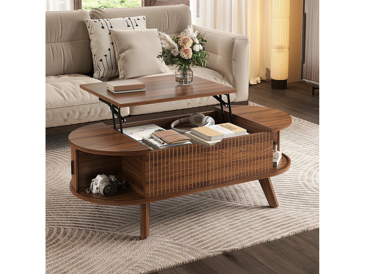 Table basse ovale à plateau relevable avec 2 portes coulissantes rainurées - MDF et bois d’hévéa - 110 x 50 x 53,5 cm - Noyer