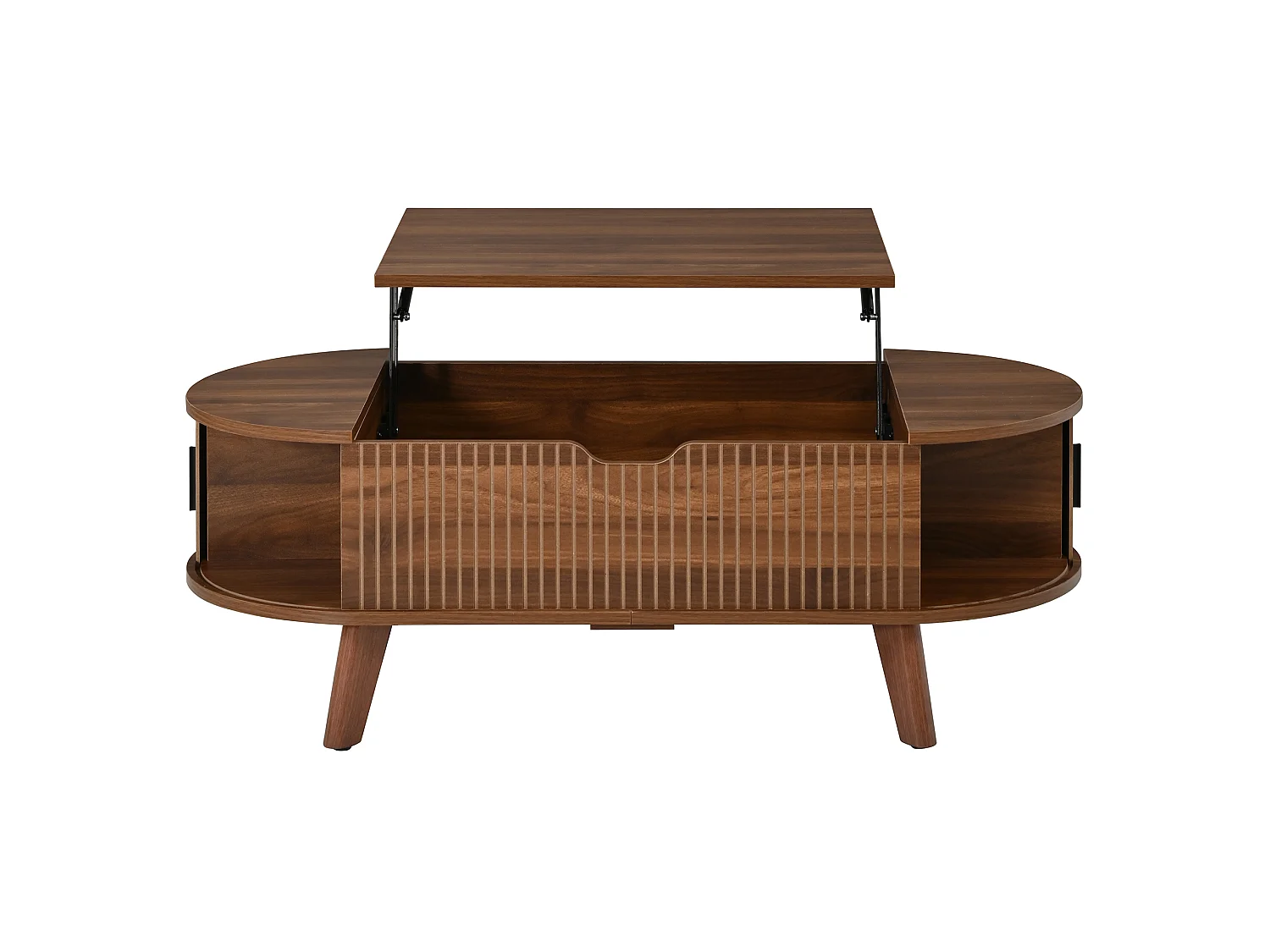 Table basse ovale à plateau relevable avec 2 portes coulissantes rainurées - MDF et bois d’hévéa - 110 x 50 x 53,5 cm - Noyer