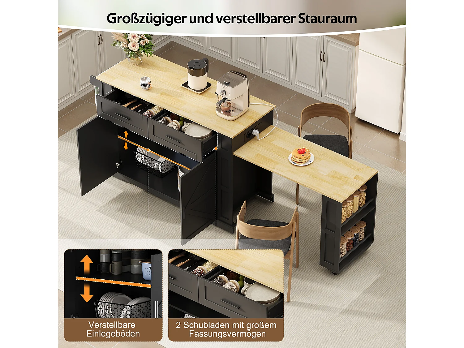 Isola cucina allungabile su ruote, 2 ante, 2 cassetti, prese di corrente e porte USB - MDF - da 130 a 205 x 50 x 93 cm - Nero e naturale