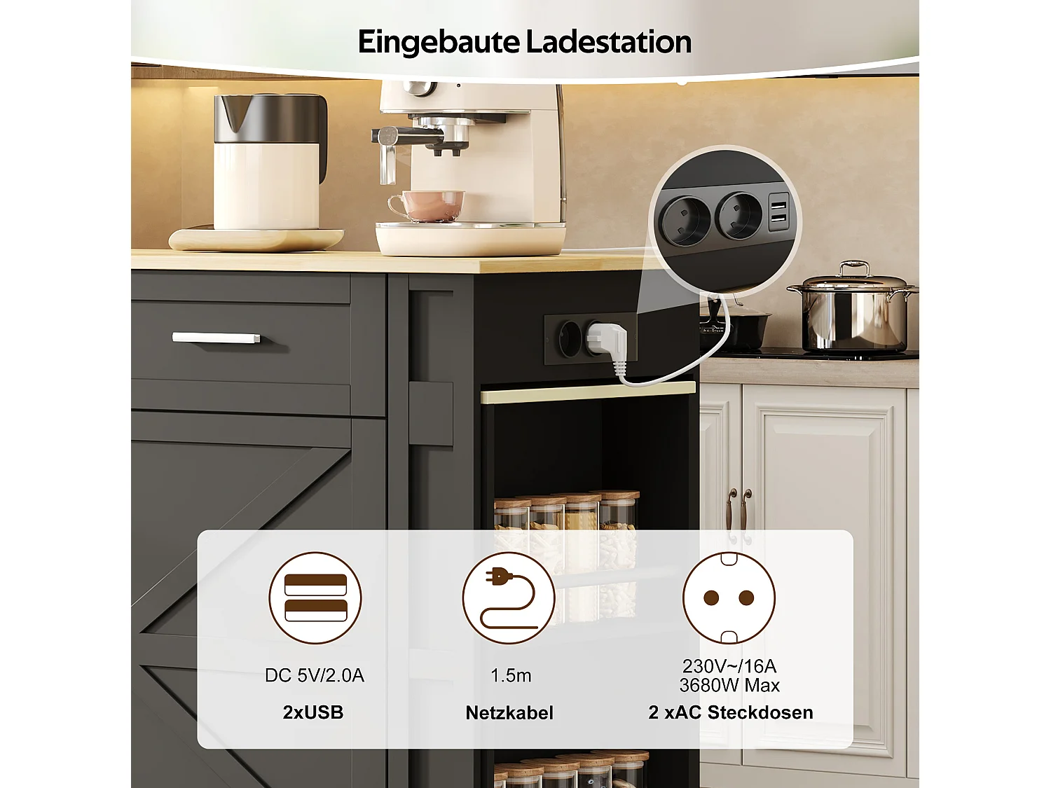 Isola cucina allungabile su ruote, 2 ante, 2 cassetti, prese di corrente e porte USB - MDF - da 130 a 205 x 50 x 93 cm - Nero e naturale
