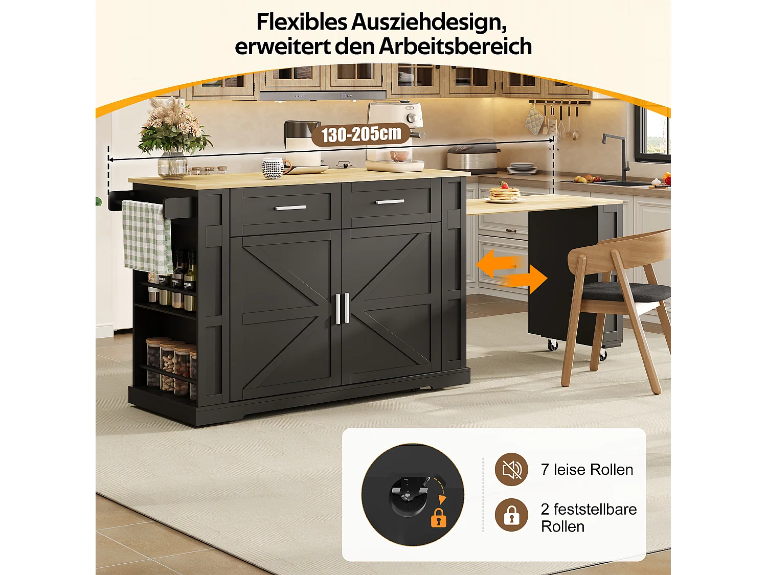 Isola cucina allungabile su ruote, 2 ante, 2 cassetti, prese di corrente e porte USB - MDF - da 130 a 205 x 50 x 93 cm - Nero e naturale