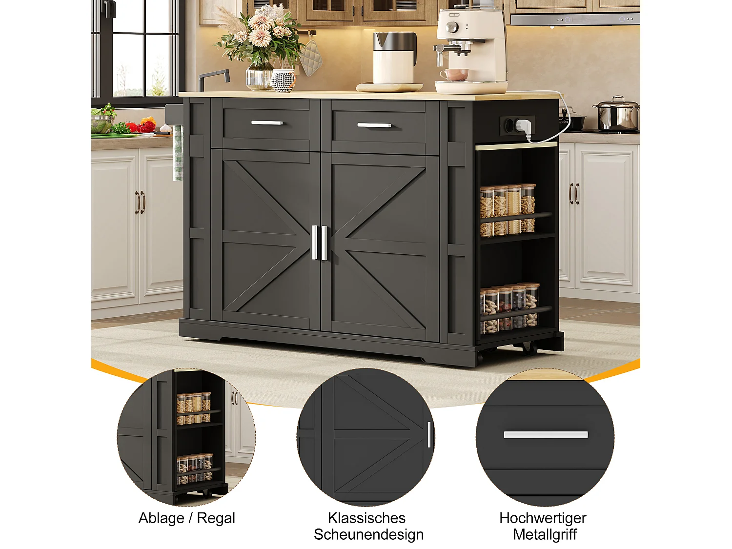 Isola cucina allungabile su ruote, 2 ante, 2 cassetti, prese di corrente e porte USB - MDF - da 130 a 205 x 50 x 93 cm - Nero e naturale