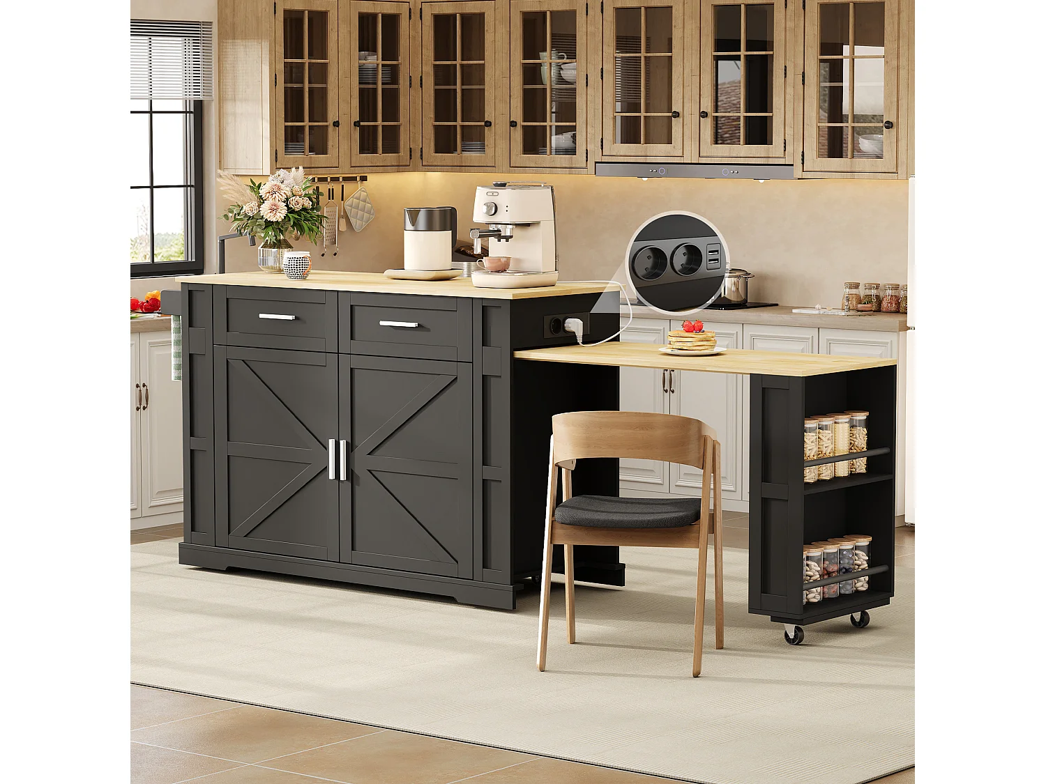 Isola cucina allungabile su ruote, 2 ante, 2 cassetti, prese di corrente e porte USB - MDF - da 130 a 205 x 50 x 93 cm - Nero e naturale