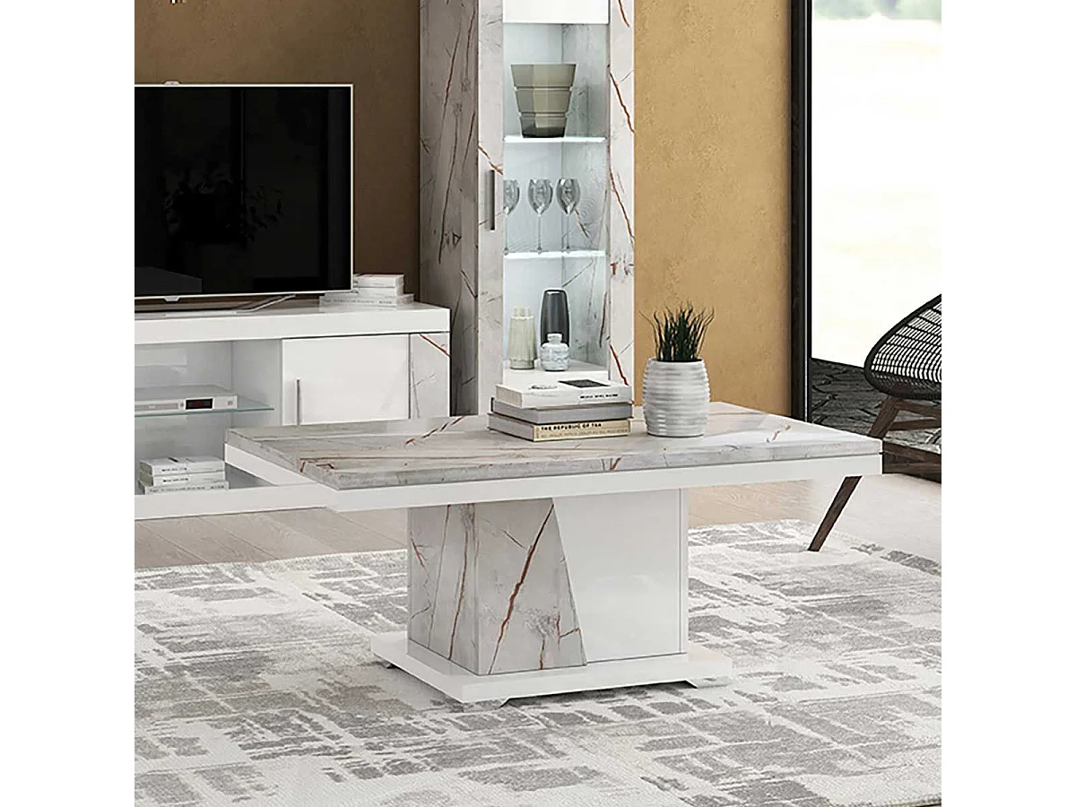 Table basse pied central blanche et aspect marbre gris-brun - NERVY