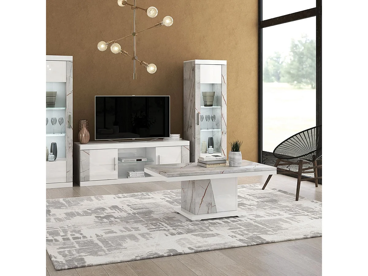 Table basse pied central blanche et aspect marbre gris-brun - NERVY