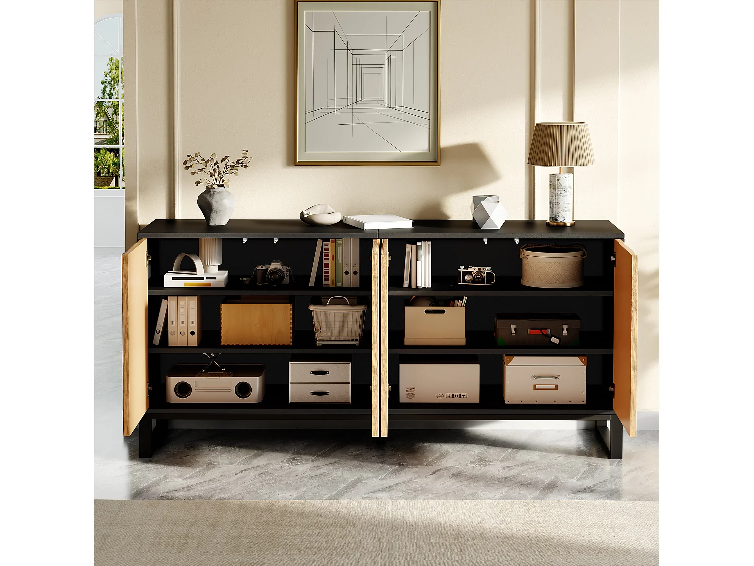 Laag dressoir met 4 deuren en verstelbare planken - MDF en spaanplaat - 160 x 40 x 75 cm - Naturel en zwart