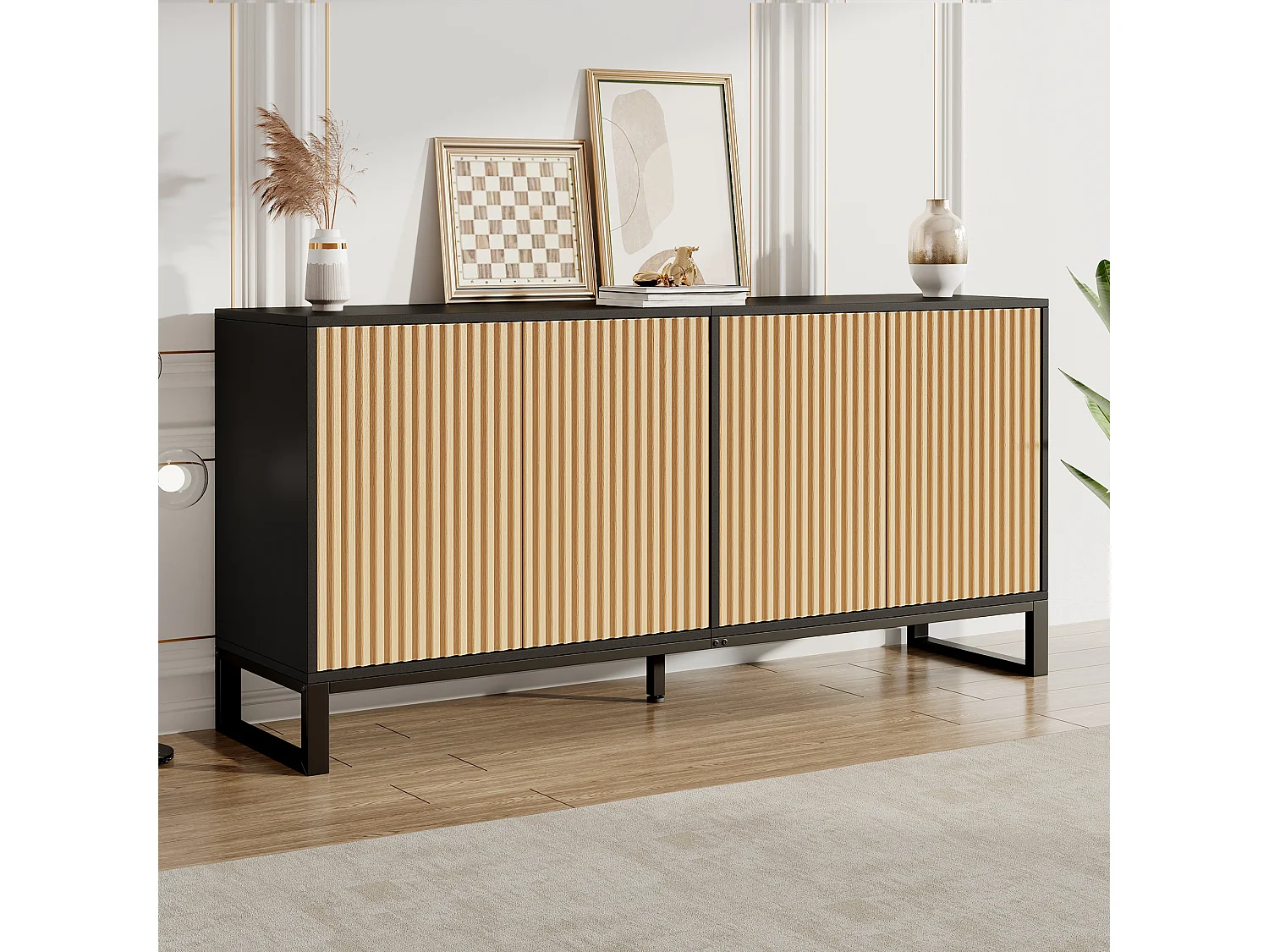 Laag dressoir met 4 deuren en verstelbare planken - MDF en spaanplaat - 160 x 40 x 75 cm - Naturel en zwart