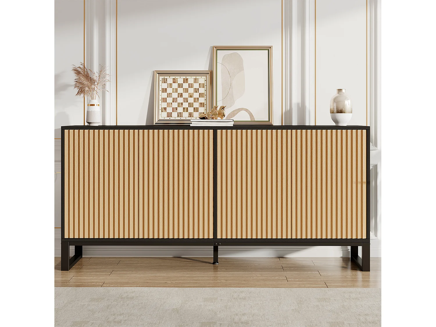 Laag dressoir met 4 deuren en verstelbare planken - MDF en spaanplaat - 160 x 40 x 75 cm - Naturel en zwart