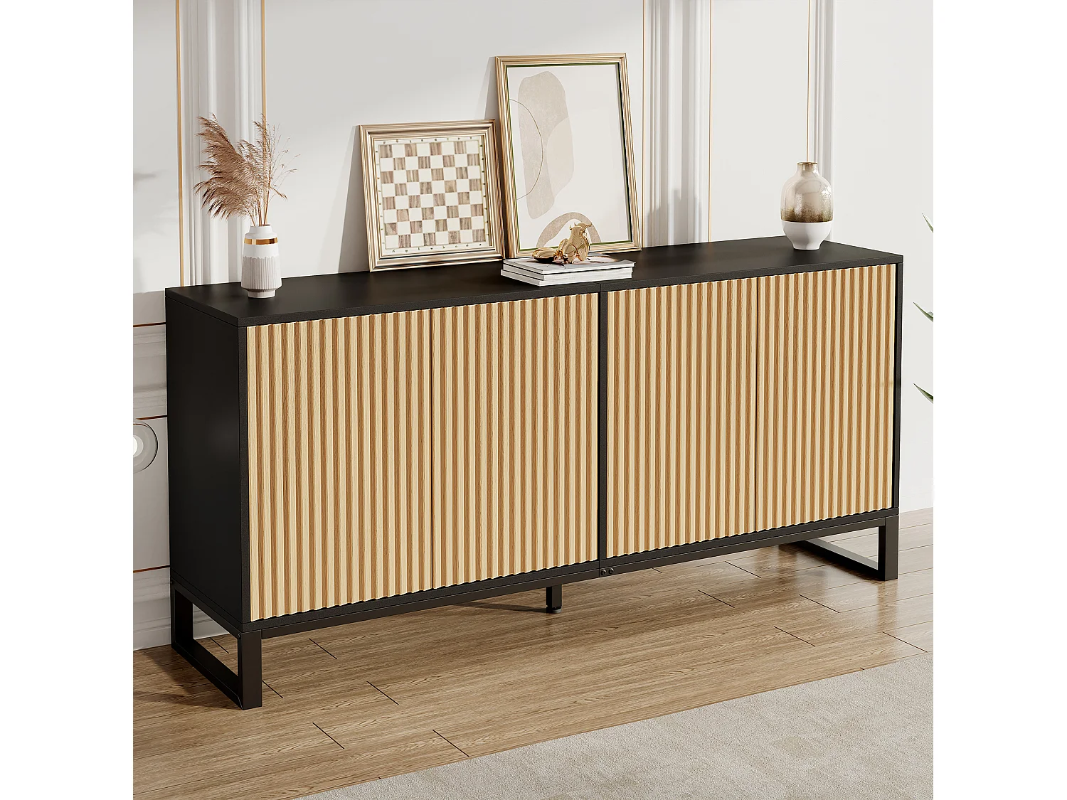 Laag dressoir met 4 deuren en verstelbare planken - MDF en spaanplaat - 160 x 40 x 75 cm - Naturel en zwart