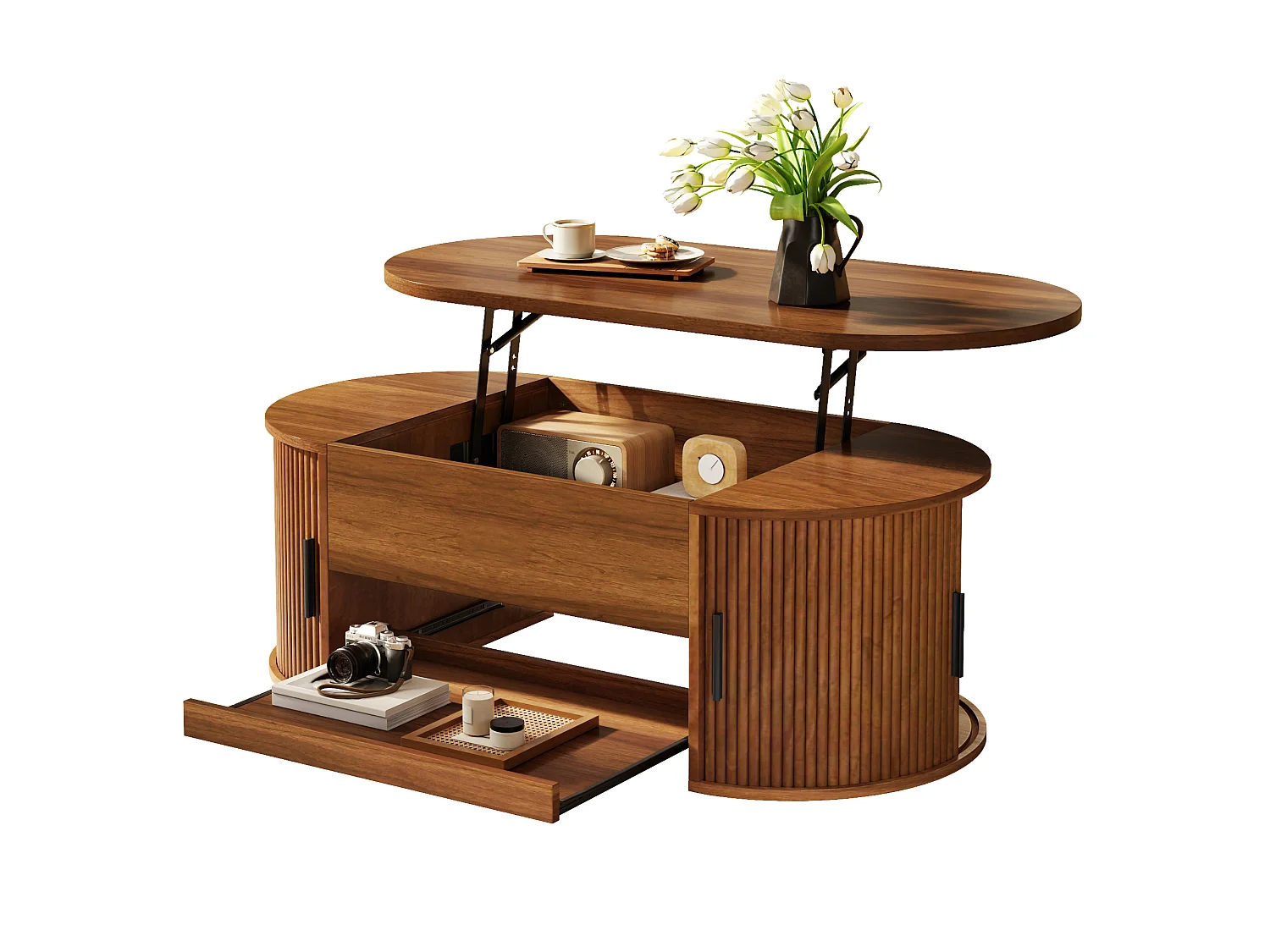 Table basse à plateau relevable avec 2 portes coulissantes et tablette coulissante - MDF - 110 x 55 x 55 cm - Noyer