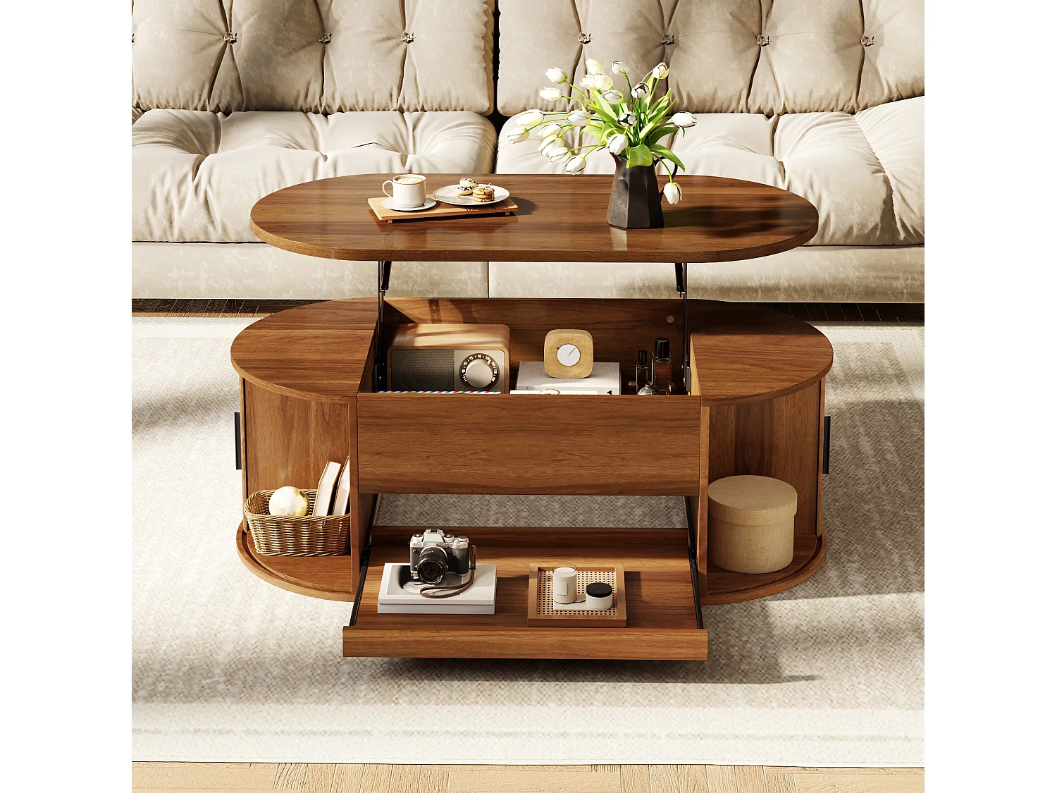 Table basse à plateau relevable avec 2 portes coulissantes et tablette coulissante - MDF - 110 x 55 x 55 cm - Noyer