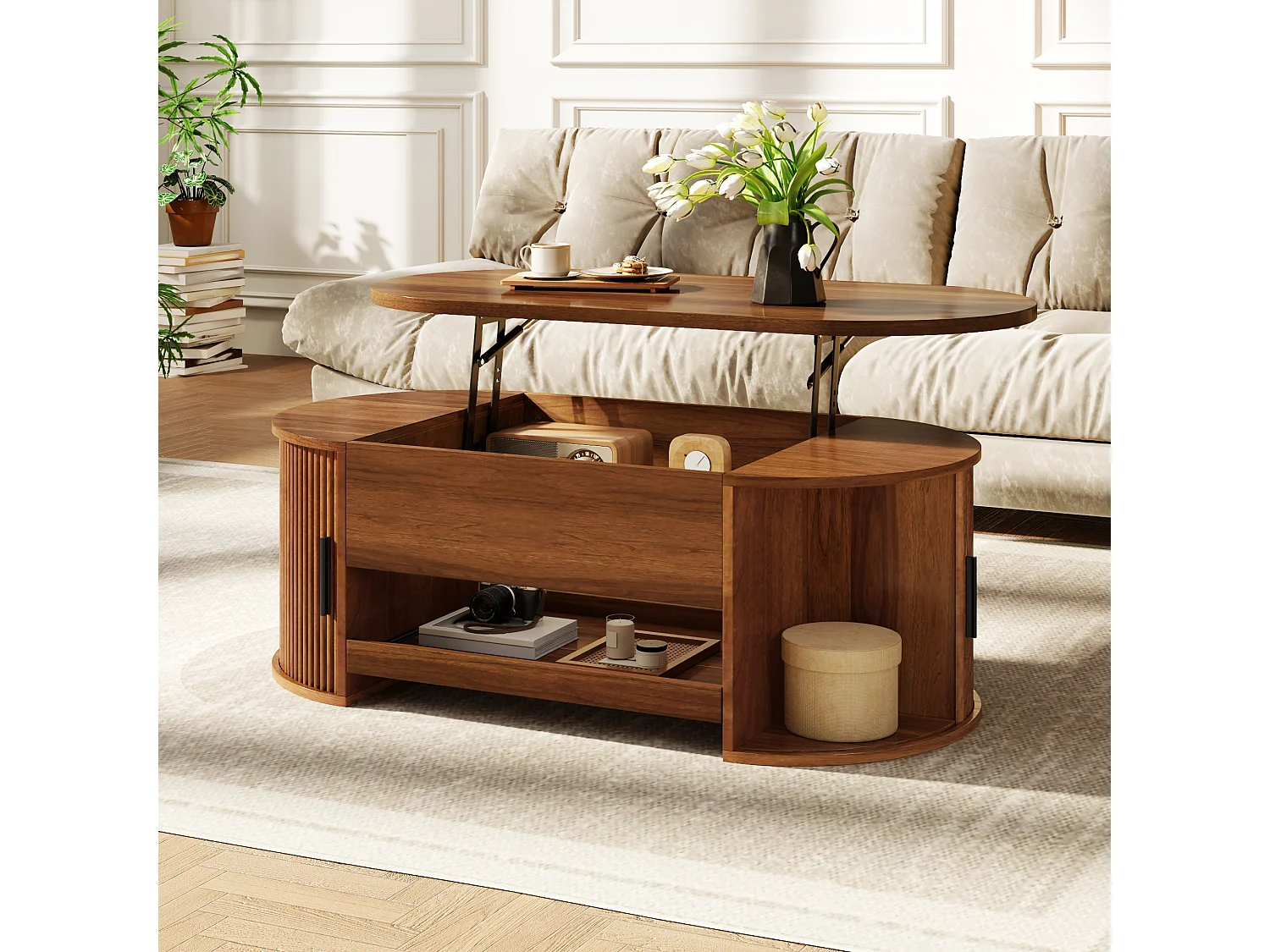 Table basse à plateau relevable avec 2 portes coulissantes et tablette coulissante - MDF - 110 x 55 x 55 cm - Noyer