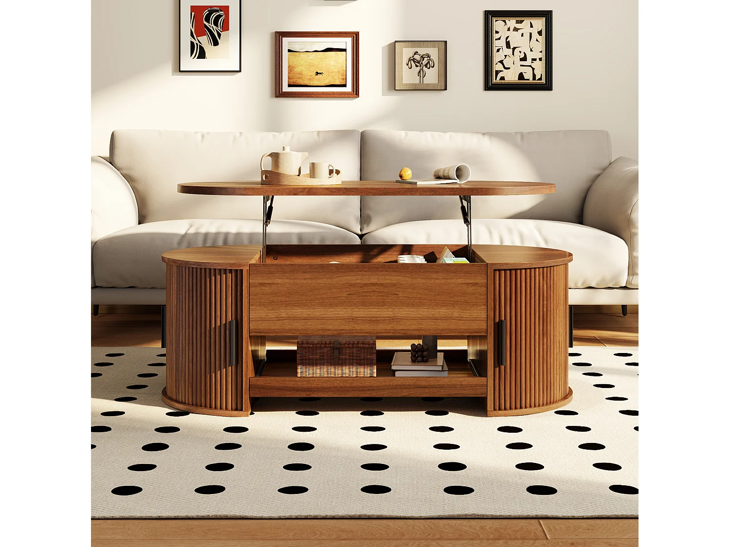 Table basse à plateau relevable avec 2 portes coulissantes et tablette coulissante - MDF - 110 x 55 x 55 cm - Noyer