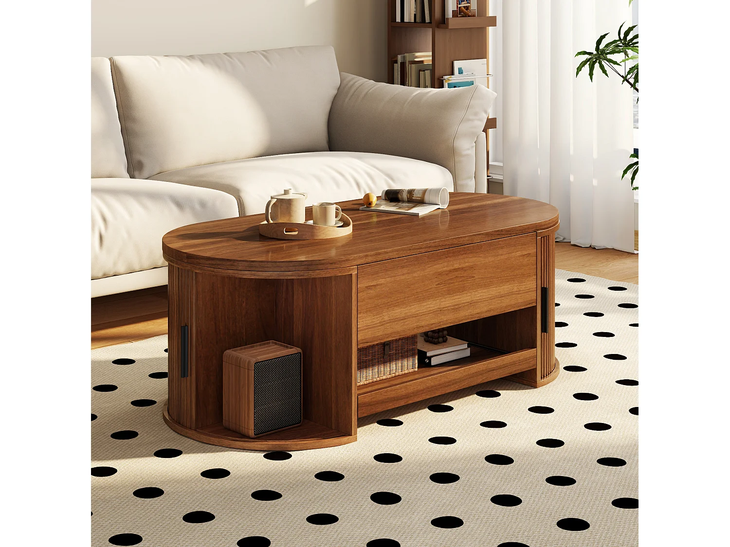 Table basse à plateau relevable avec 2 portes coulissantes et tablette coulissante - MDF - 110 x 55 x 55 cm - Noyer