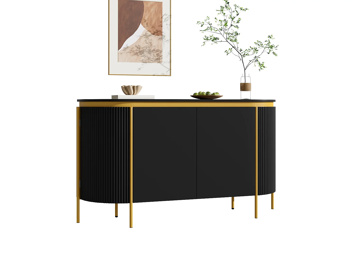 Laag dressoir met 4 deuren, waaronder 2 zijdeuren met ribbels en afgeronde uiteinden - MDF - 140 x 38 x 80 cm - Zwart