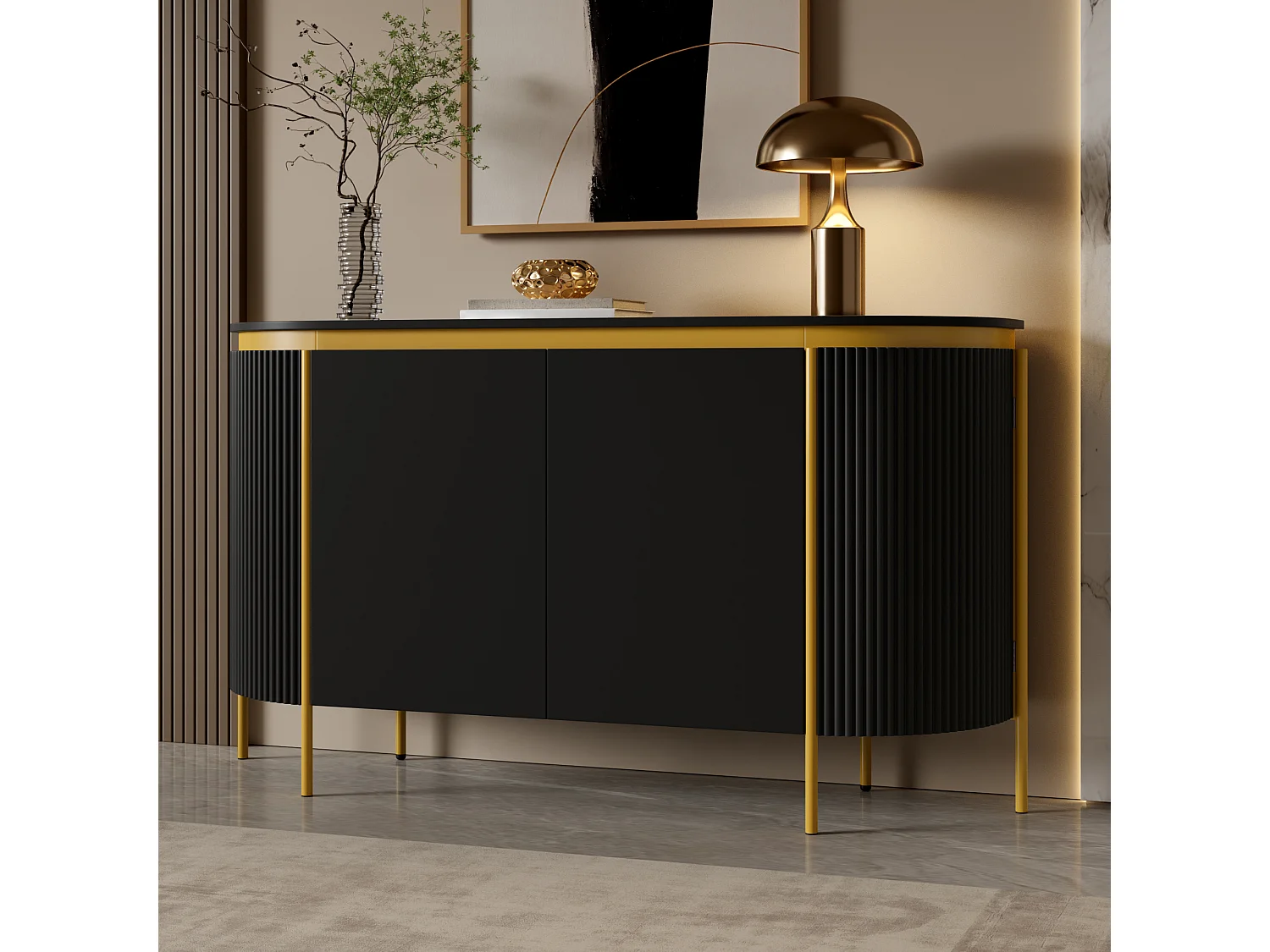Laag dressoir met 4 deuren, waaronder 2 zijdeuren met ribbels en afgeronde uiteinden - MDF - 140 x 38 x 80 cm - Zwart