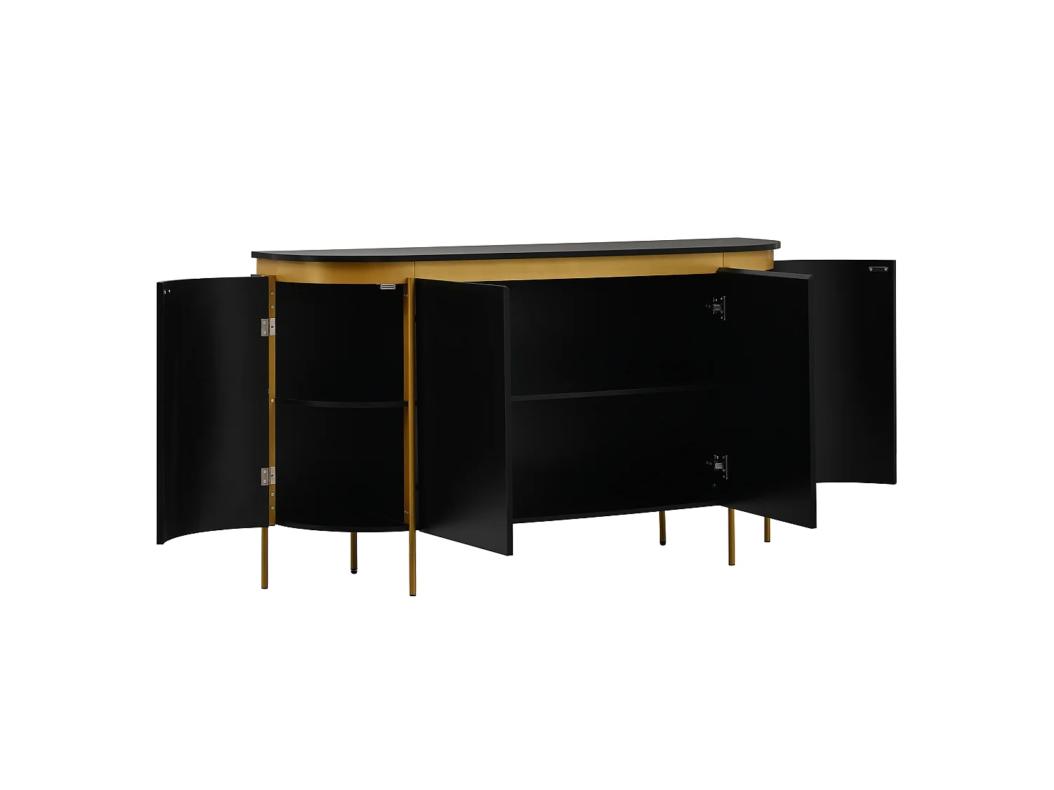 Laag dressoir met 4 deuren, waaronder 2 zijdeuren met ribbels en afgeronde uiteinden - MDF - 140 x 38 x 80 cm - Zwart