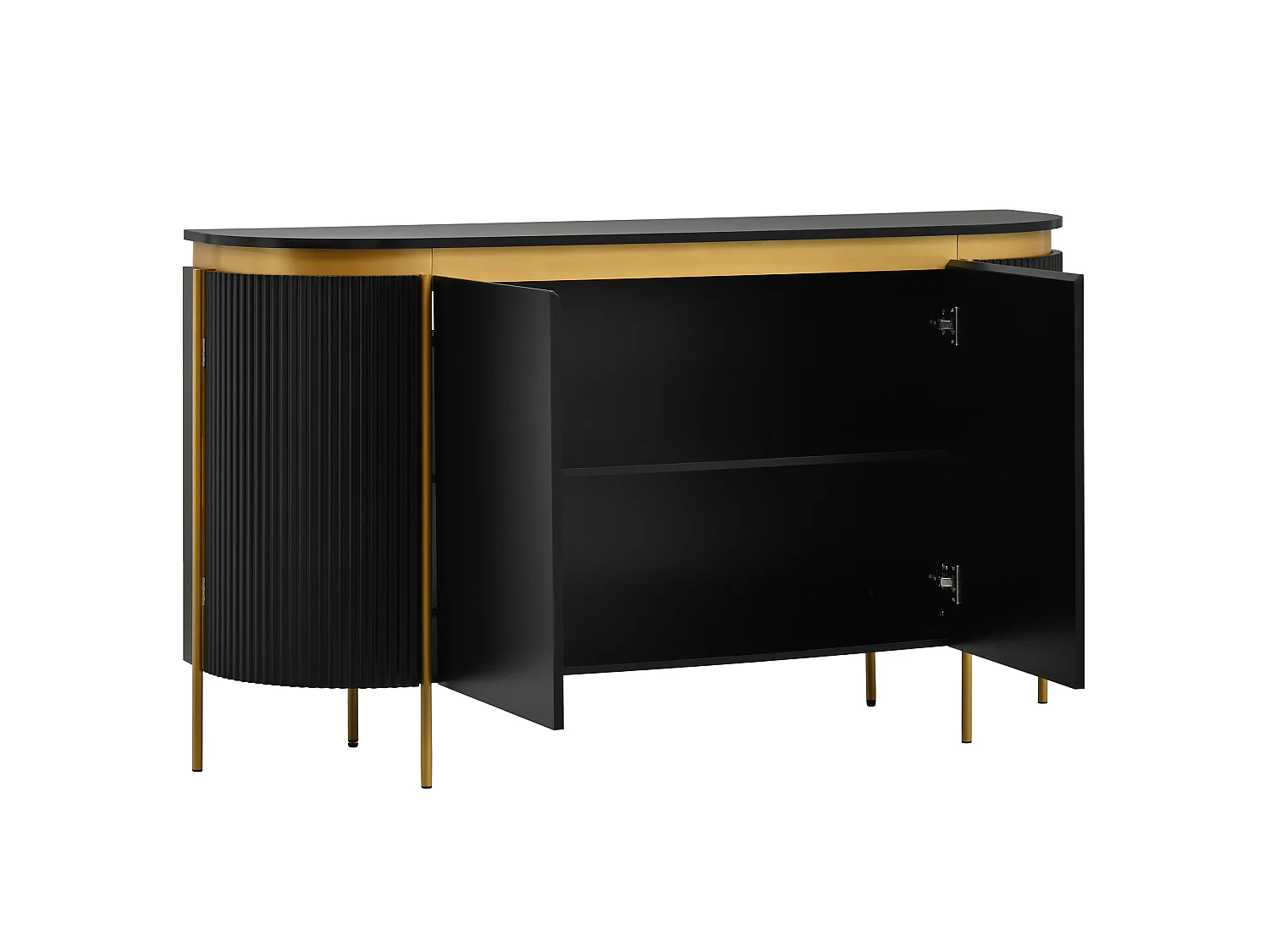 Laag dressoir met 4 deuren, waaronder 2 zijdeuren met ribbels en afgeronde uiteinden - MDF - 140 x 38 x 80 cm - Zwart