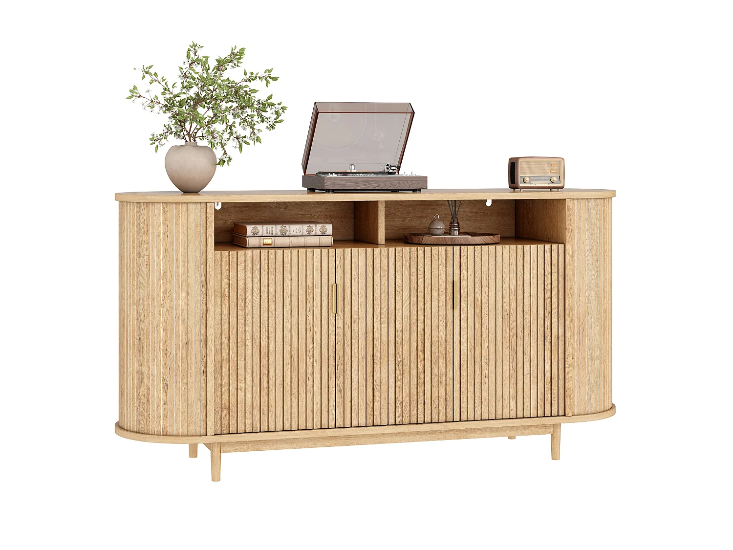 Low sideboard with 3 doors, grooved fronts and pine legs - MDF and particleboard - 140 x 40 x 78 cm - Natural