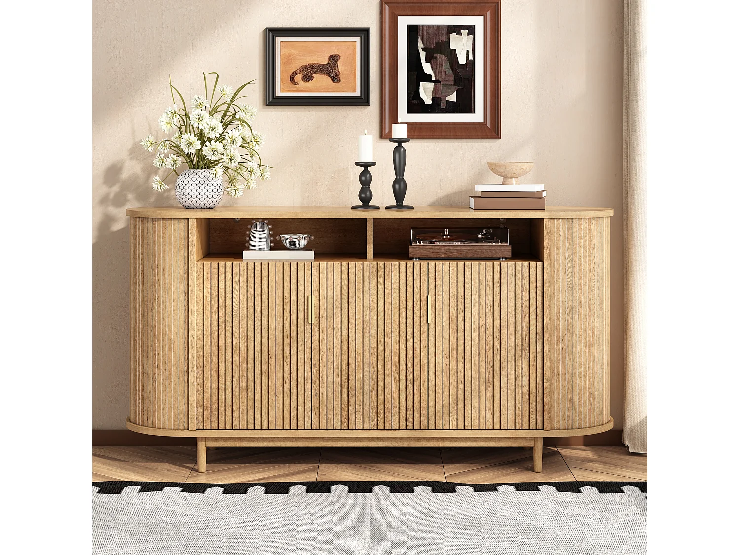 Low sideboard with 3 doors, grooved fronts and pine legs - MDF and particleboard - 140 x 40 x 78 cm - Natural