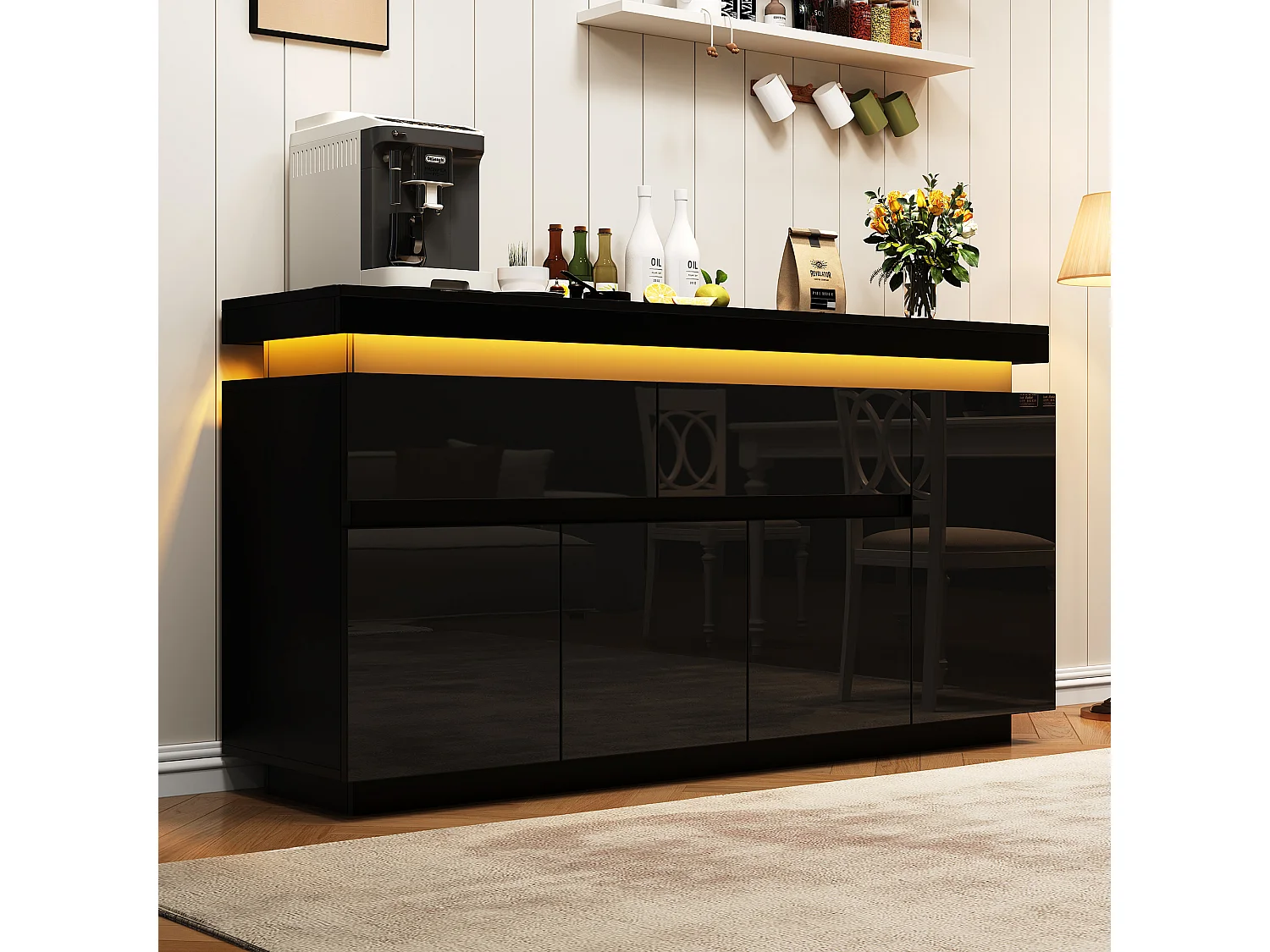 Dressoir met 4 deuren, 2 lades, verstelbare planken en ledverlichting - Spaanplaat - 140 x 35 x 72,5 cm - Zwart