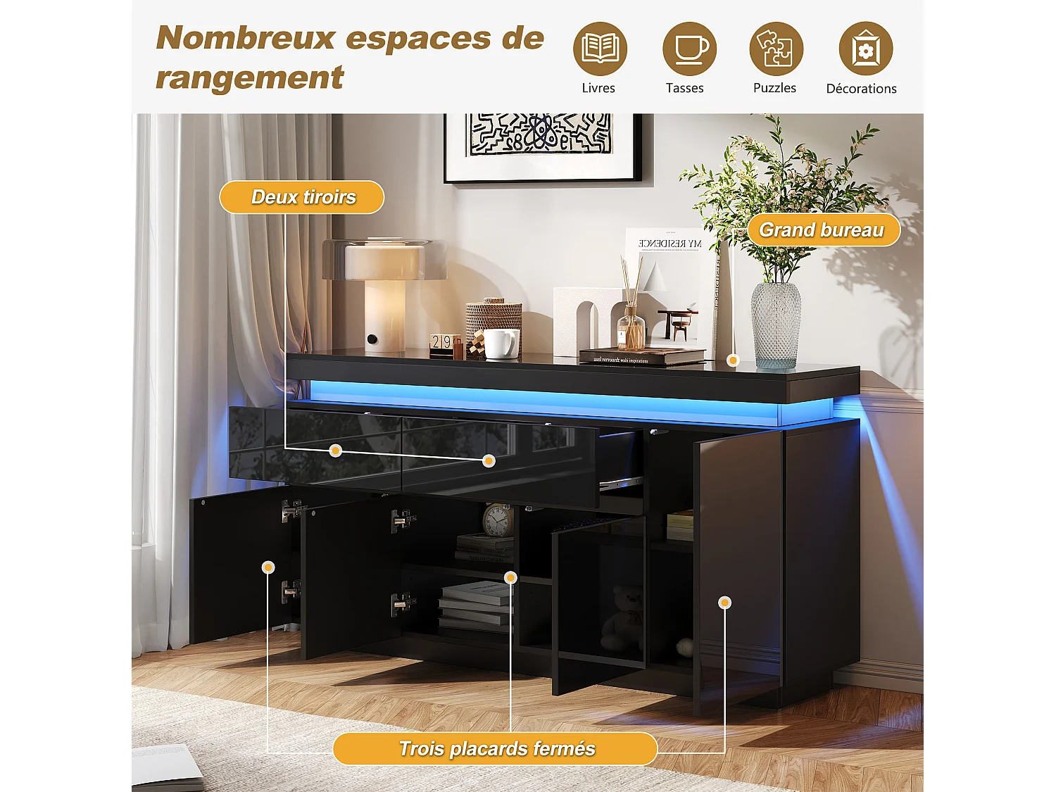 Dressoir met 4 deuren, 2 lades, verstelbare planken en ledverlichting - Spaanplaat - 140 x 35 x 72,5 cm - Zwart