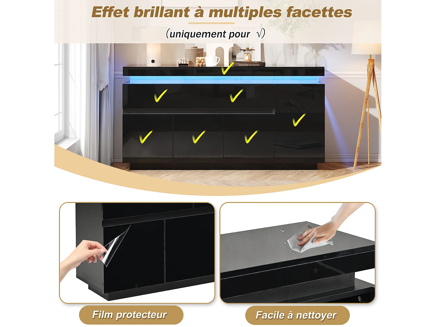Dressoir met 4 deuren, 2 lades, verstelbare planken en ledverlichting - Spaanplaat - 140 x 35 x 72,5 cm - Zwart