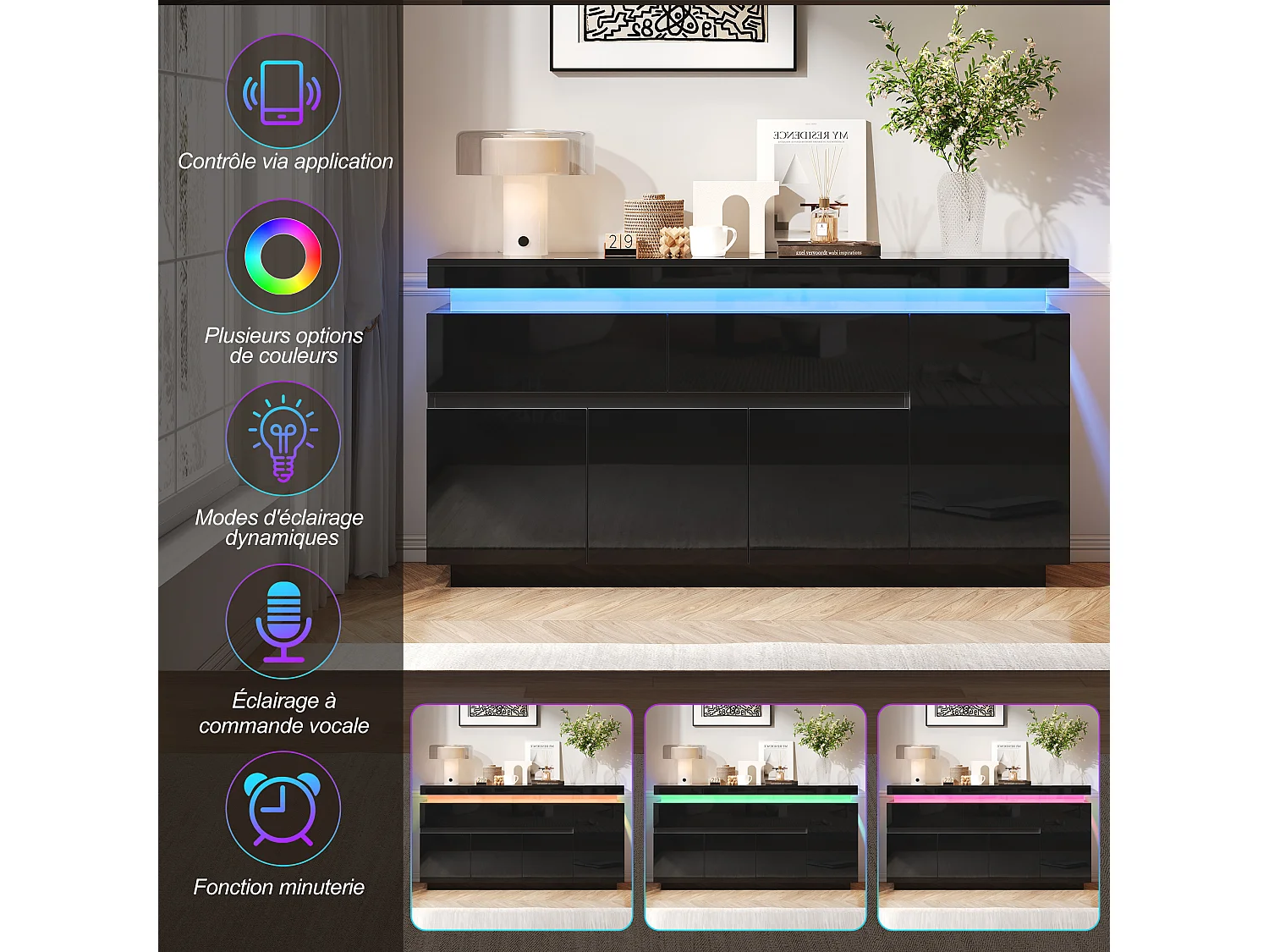 Dressoir met 4 deuren, 2 lades, verstelbare planken en ledverlichting - Spaanplaat - 140 x 35 x 72,5 cm - Zwart