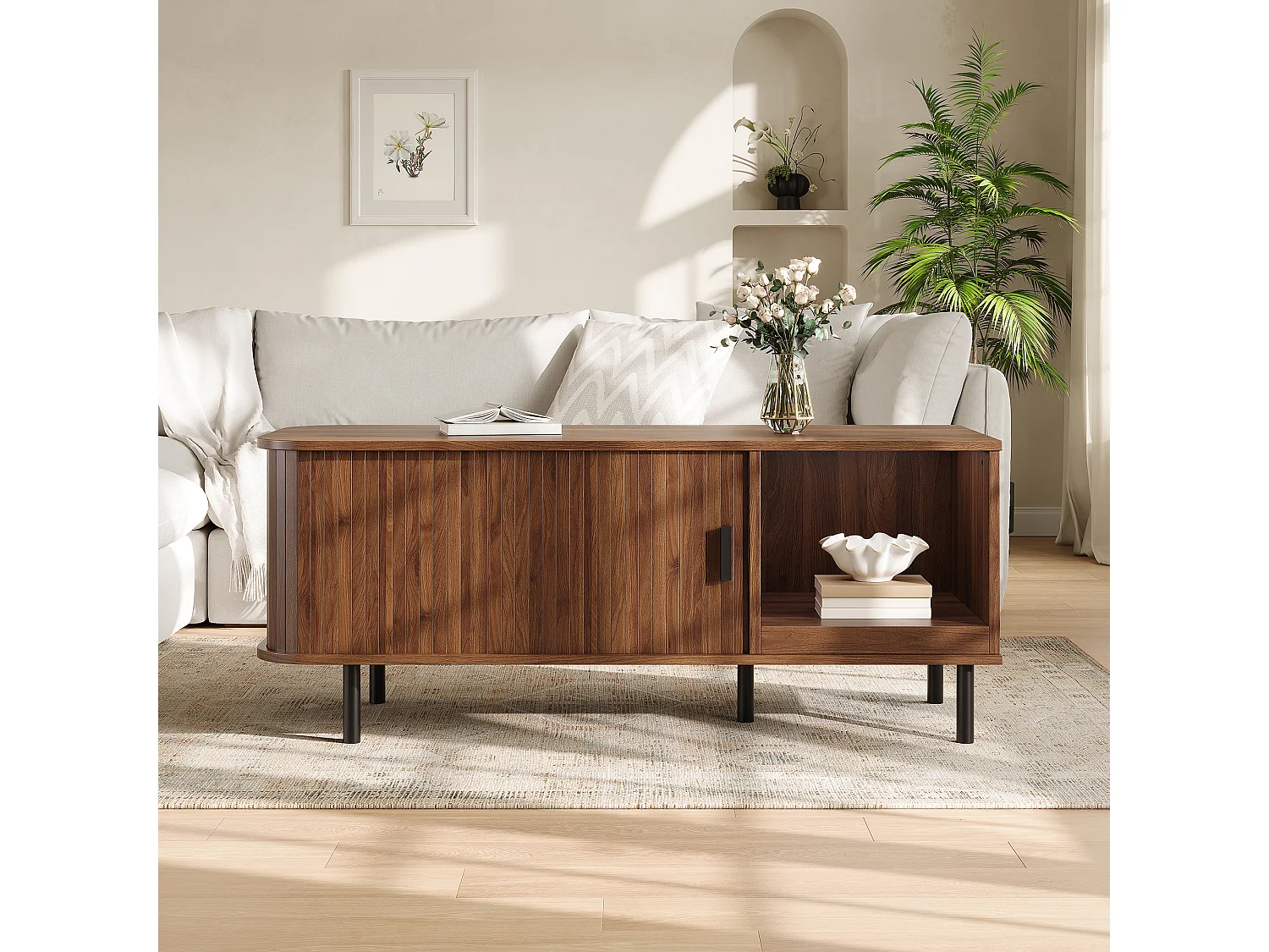 Coffee table with 1 grooved sliding door and open storage - MDF and particleboard - 110 x 40 x 55 cm - Walnut