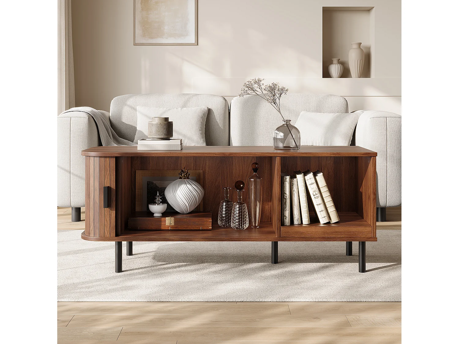 Coffee table with 1 grooved sliding door and open storage - MDF and particleboard - 110 x 40 x 55 cm - Walnut