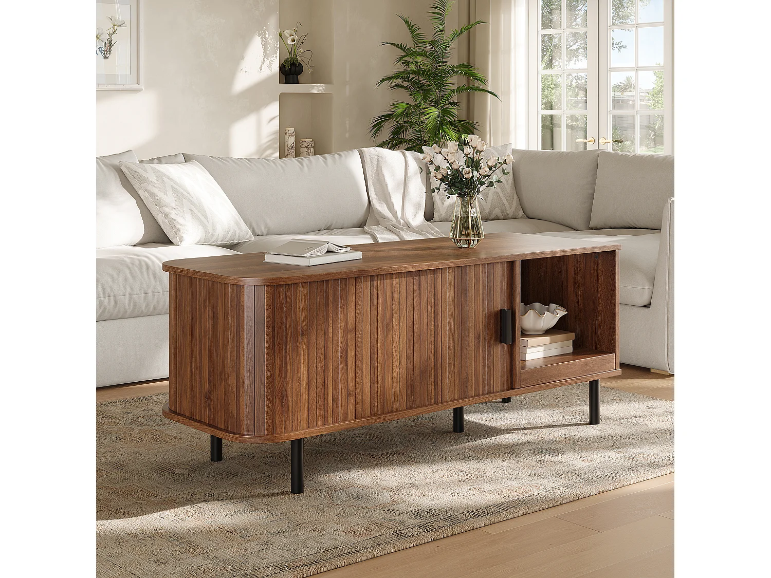 Coffee table with 1 grooved sliding door and open storage - MDF and particleboard - 110 x 40 x 55 cm - Walnut