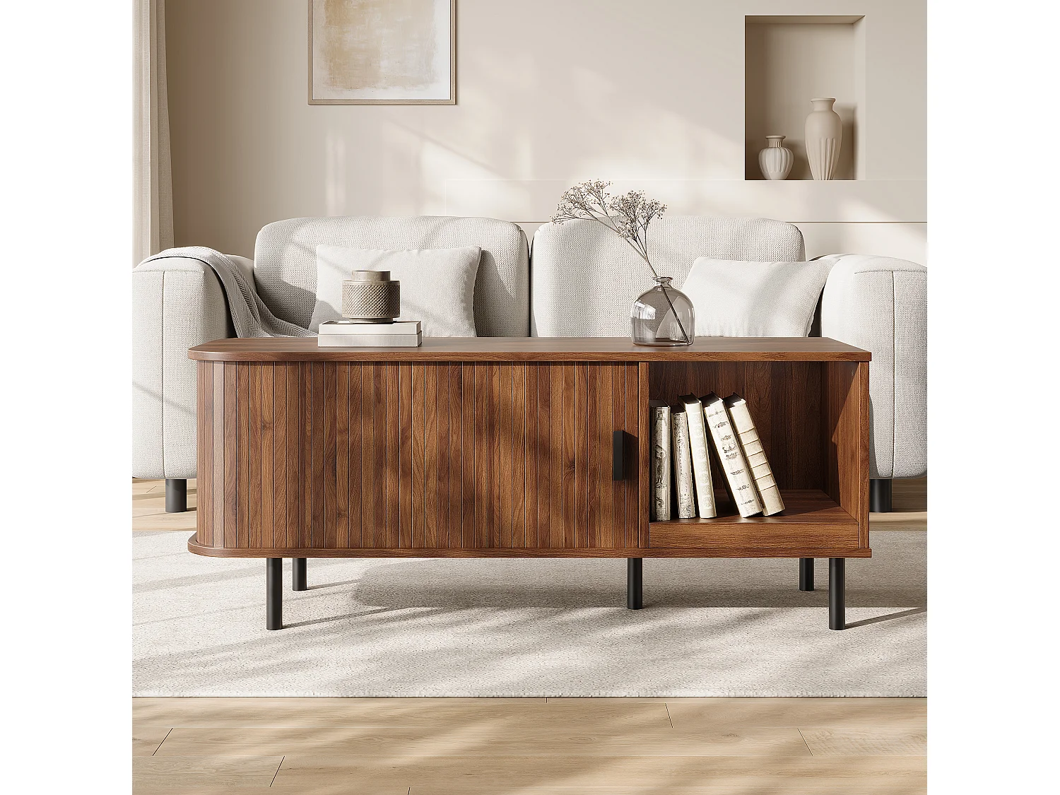 Coffee table with 1 grooved sliding door and open storage - MDF and particleboard - 110 x 40 x 55 cm - Walnut