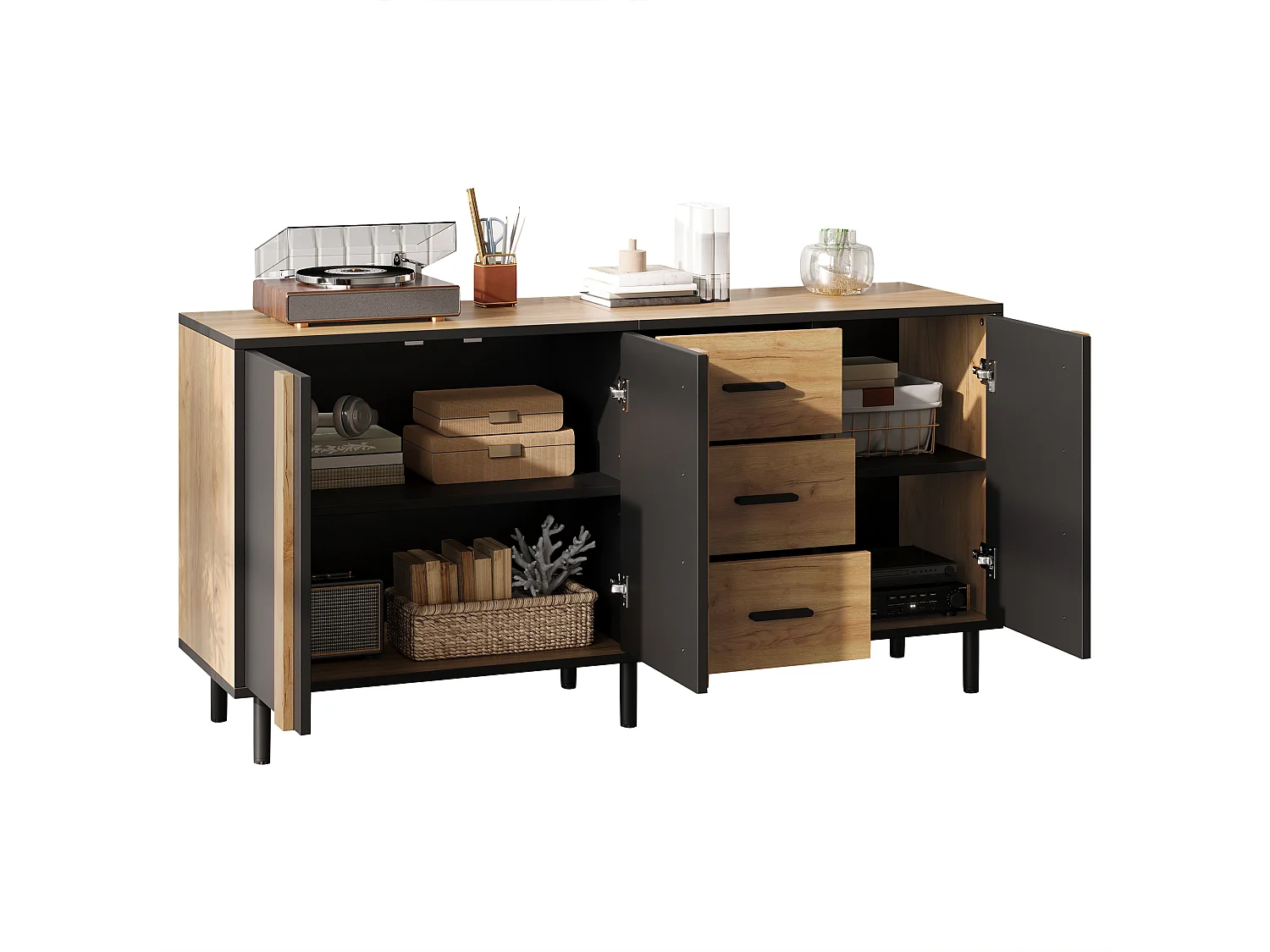 Laag dressoir met 3 deuren, 3 lades en 6 metalen poten - MDF - 140 x 35 x 70 cm - Zwart met houtnerf-effect