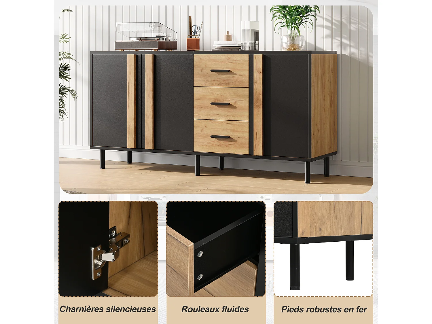 Laag dressoir met 3 deuren, 3 lades en 6 metalen poten - MDF - 140 x 35 x 70 cm - Zwart met houtnerf-effect