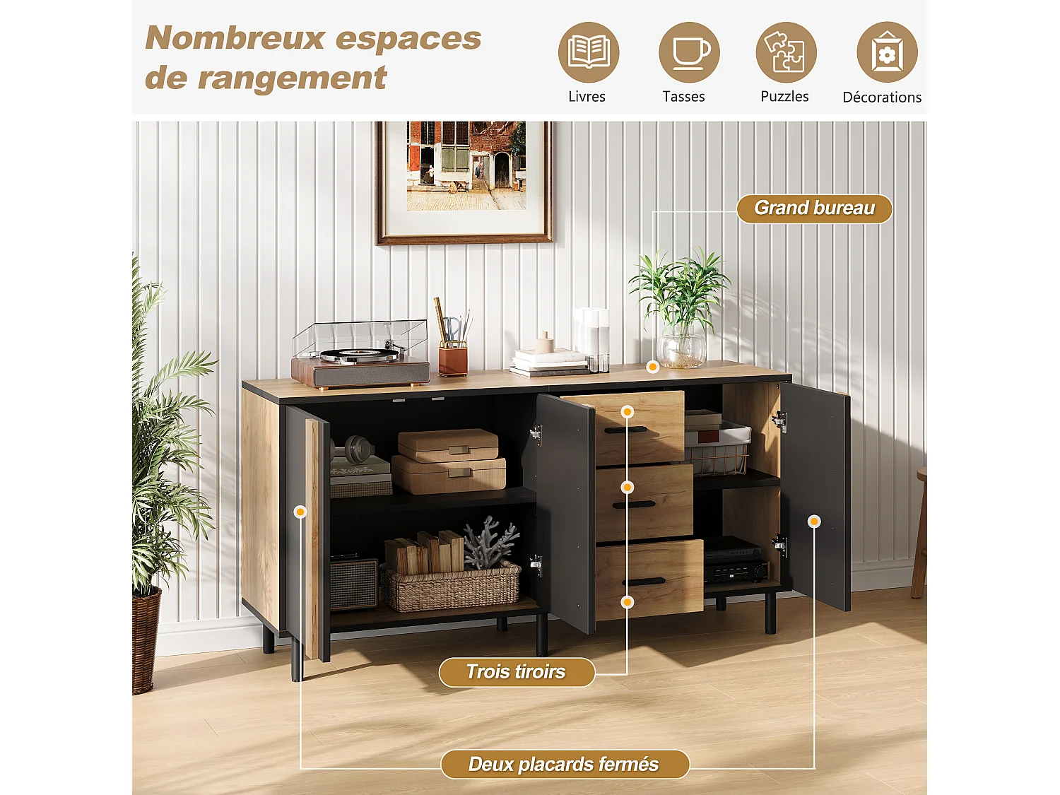 Laag dressoir met 3 deuren, 3 lades en 6 metalen poten - MDF - 140 x 35 x 70 cm - Zwart met houtnerf-effect