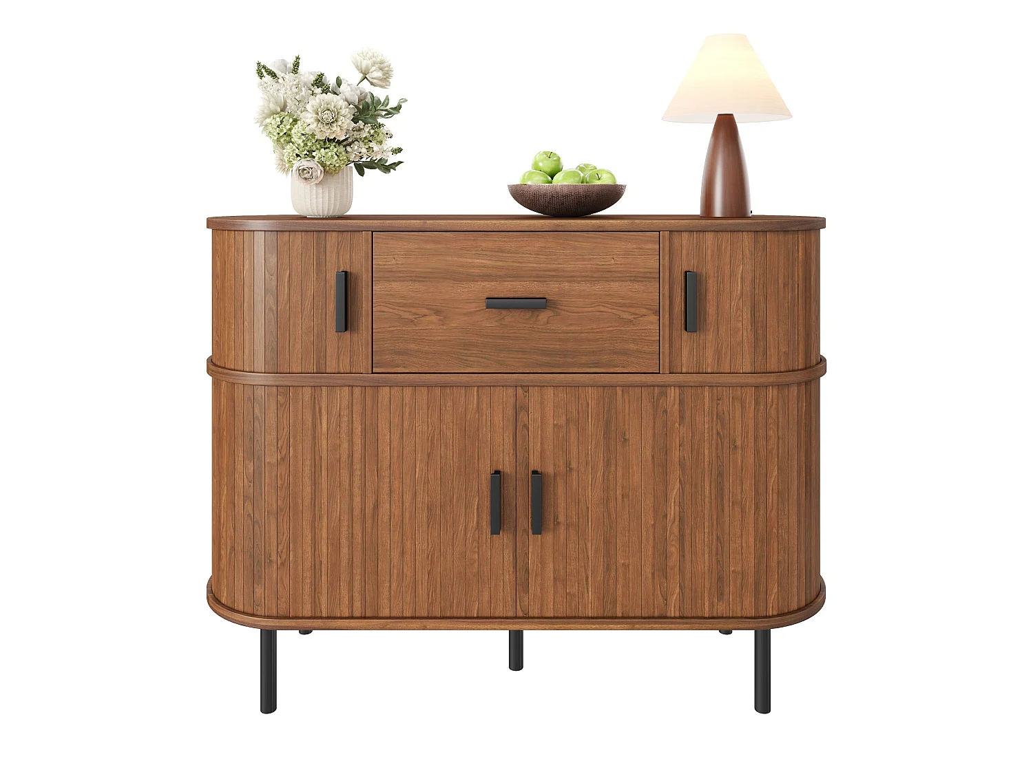 Komoda niska z 4 drzwiami przesuwnymi, 1 szufladą - MDF i płyta wiórowa - 110 x 35 x 81,5 cm - orzech
