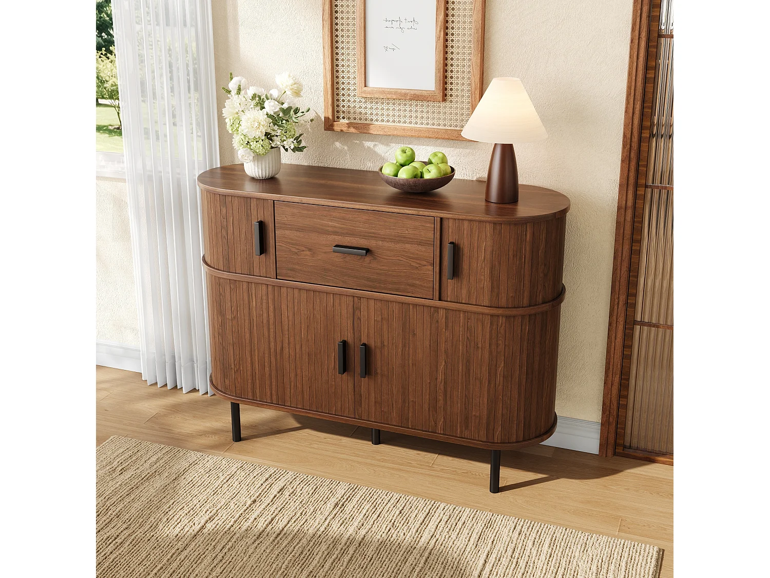 Komoda niska z 4 drzwiami przesuwnymi, 1 szufladą - MDF i płyta wiórowa - 110 x 35 x 81,5 cm - orzech