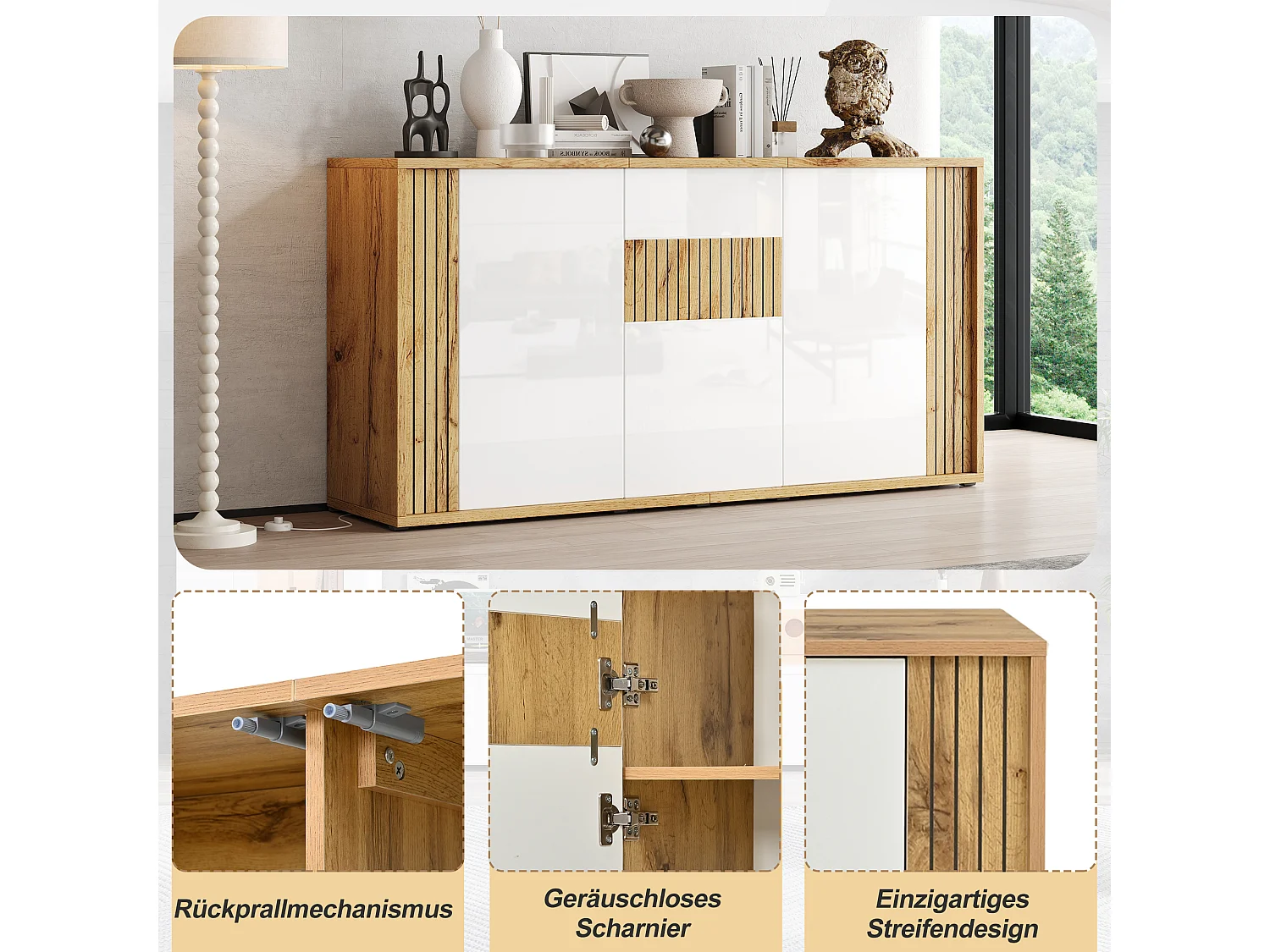 Sideboard with 3 doors and 6 compartments - MDF and particleboard - 140 x 35 x 71 cm - White and natural wood