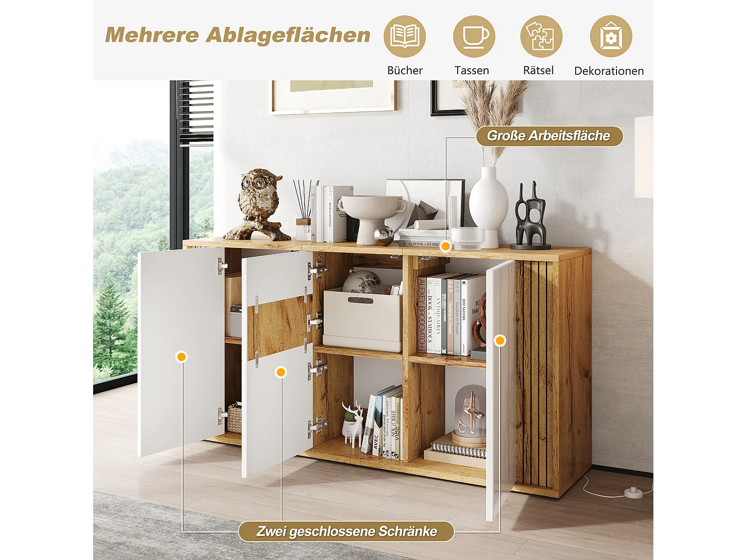 Sideboard with 3 doors and 6 compartments - MDF and particleboard - 140 x 35 x 71 cm - White and natural wood