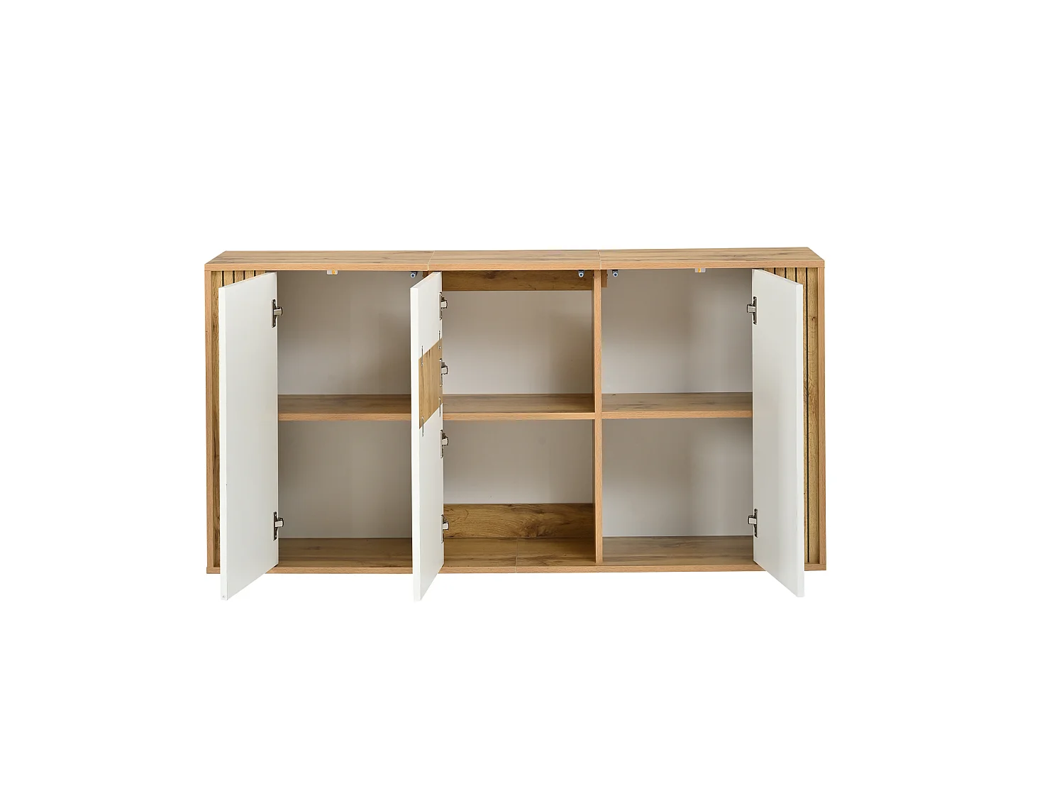 Sideboard with 3 doors and 6 compartments - MDF and particleboard - 140 x 35 x 71 cm - White and natural wood