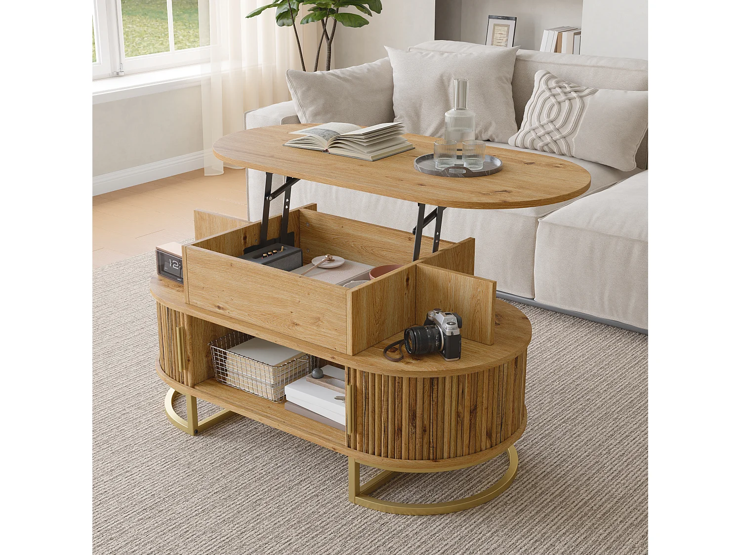 Table basse ovale à plateau relevable avec 2 portes coulissantes rainurées - MDF et métal - 100 x 50 x 64 cm - Bois naturel et doré