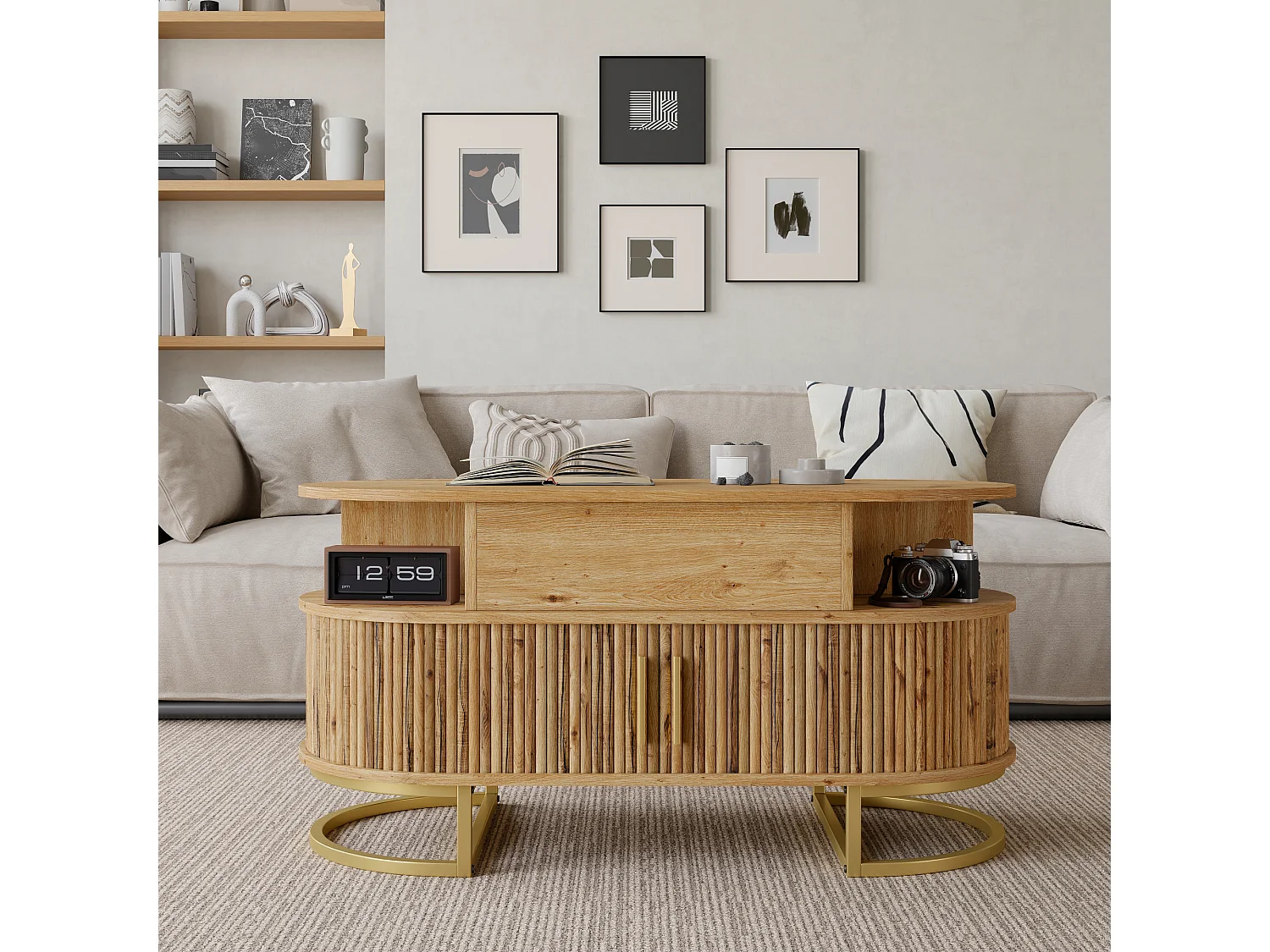 Table basse ovale à plateau relevable avec 2 portes coulissantes rainurées - MDF et métal - 100 x 50 x 64 cm - Bois naturel et doré