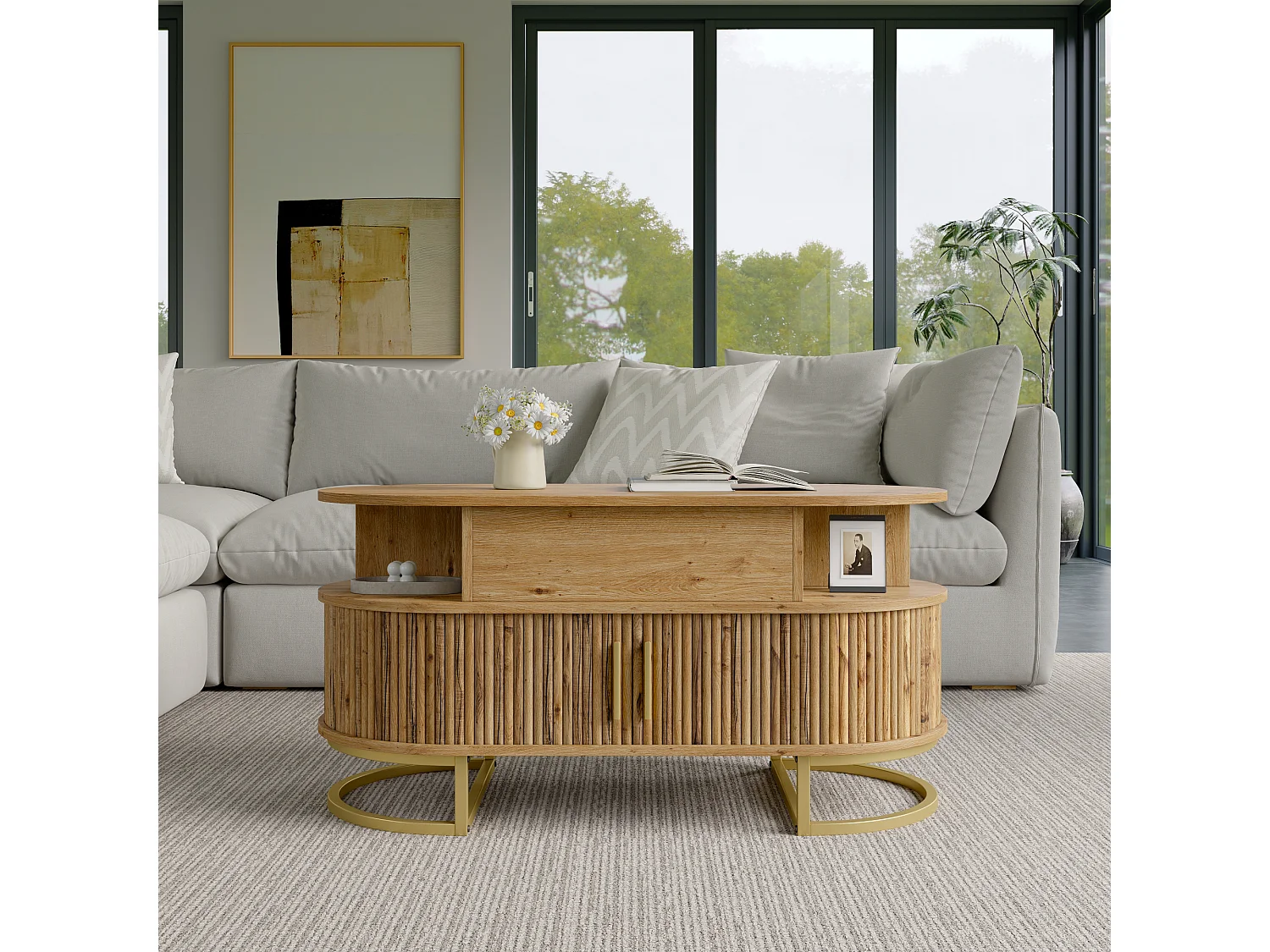 Table basse ovale à plateau relevable avec 2 portes coulissantes rainurées - MDF et métal - 100 x 50 x 64 cm - Bois naturel et doré