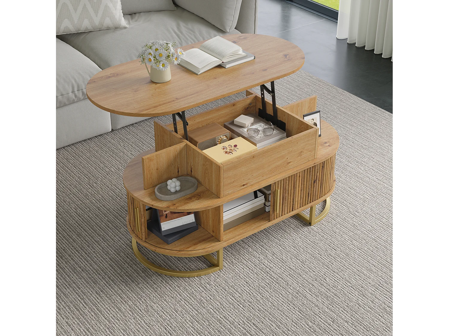Table basse ovale à plateau relevable avec 2 portes coulissantes rainurées - MDF et métal - 100 x 50 x 64 cm - Bois naturel et doré